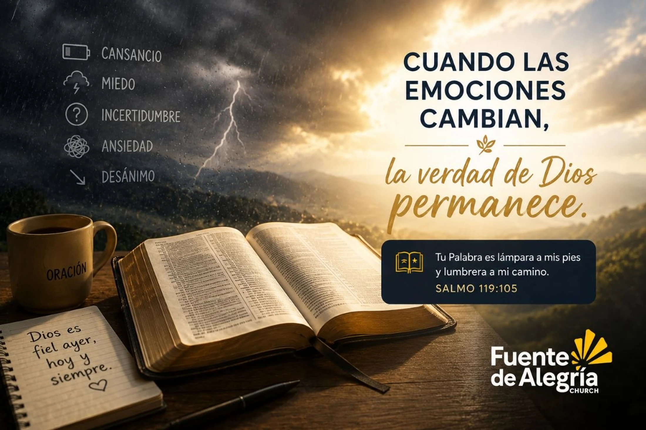 An open Bible on a desk contrasts a stormy sky listing negative feelings with a sunny sky stating in Spanish, "When emotions change, God's truth remains."