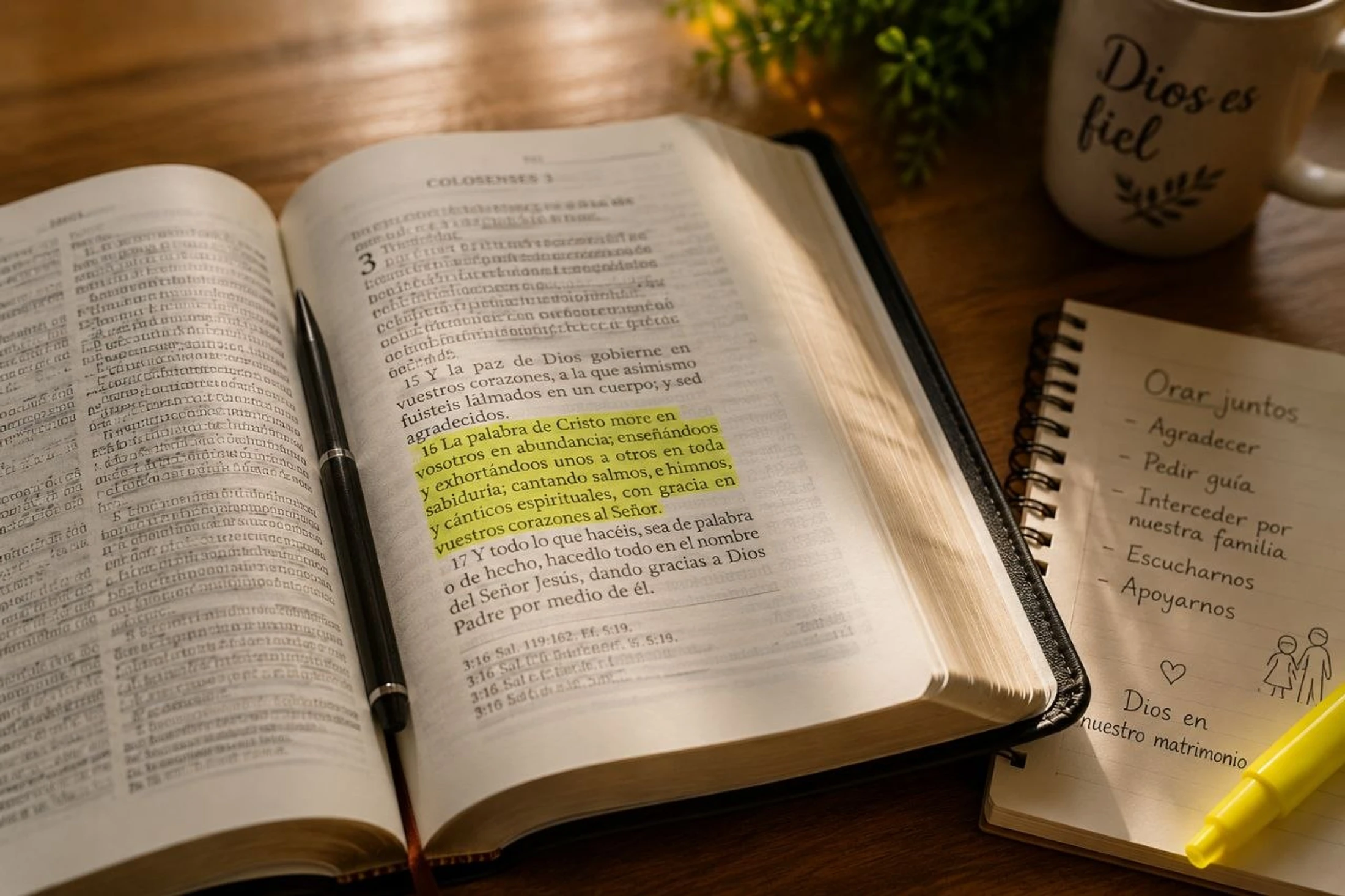An open Spanish Bible with a highlighted verse sits on a desk next to a prayer journal, a pen, and a mug that says 'Dios es fiel' (God is faithful).