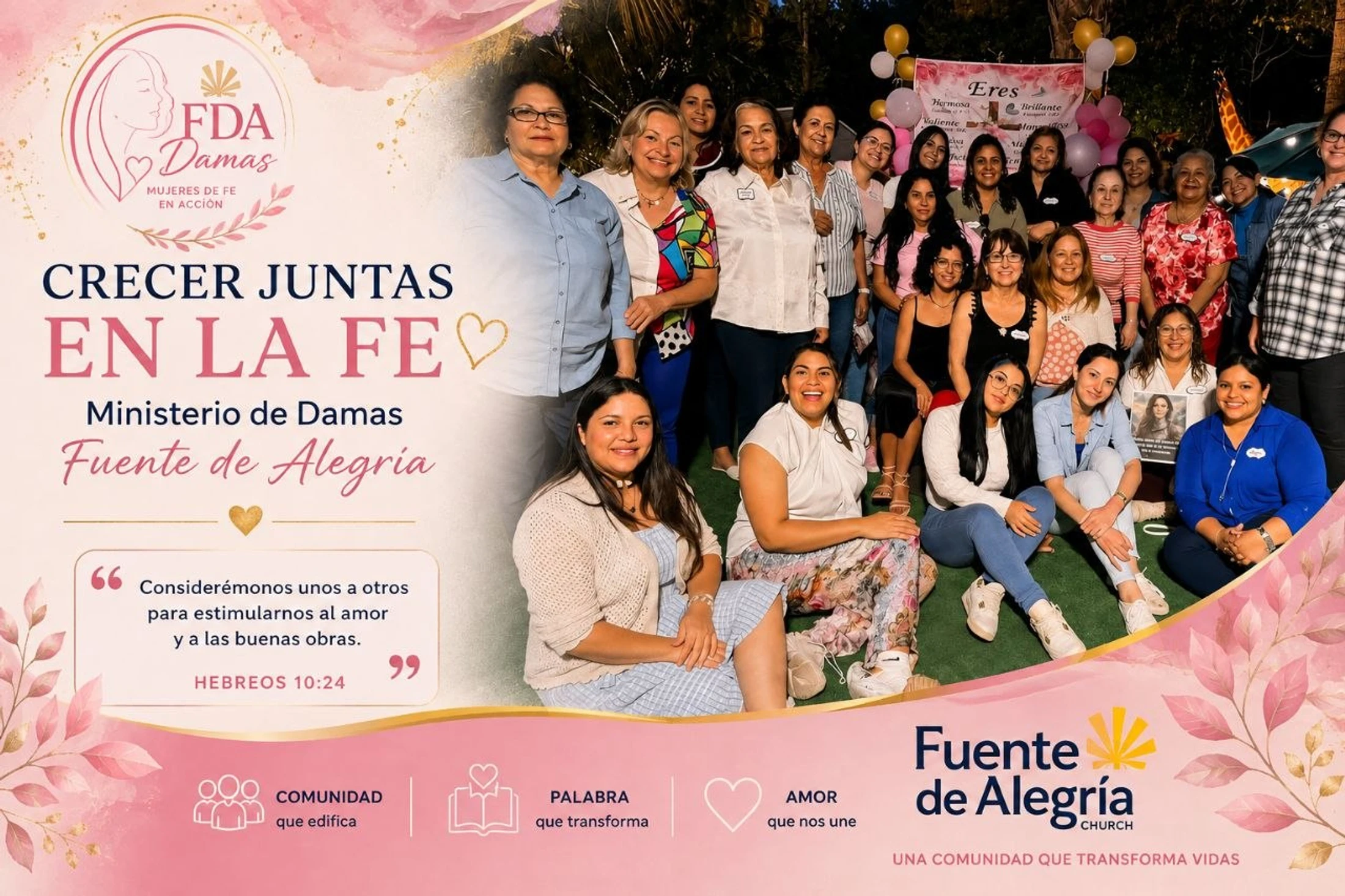 A promotional graphic for a women's ministry featuring a large group photo of smiling women. The text in Spanish reads, 'Crecer Juntas en la Fe.'
