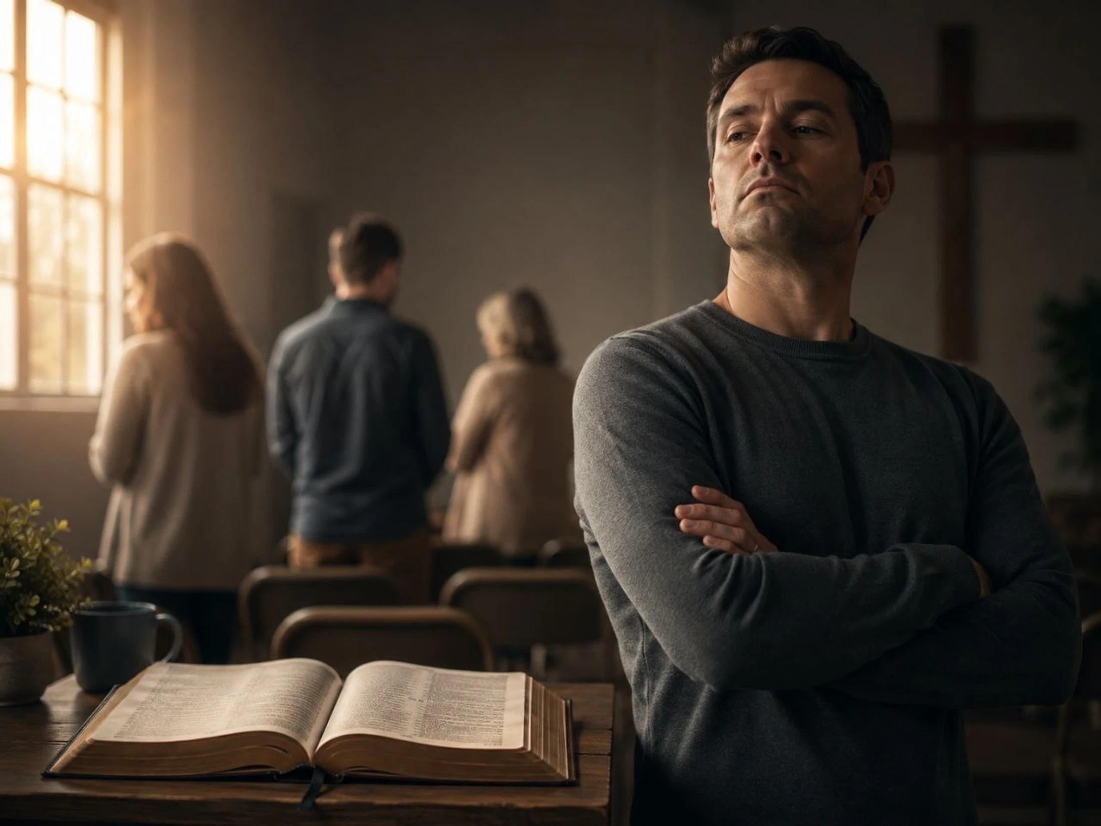 A serious-looking man stands with his arms crossed in a church, with an open Bible on a table before him and other people worshipping in the background.