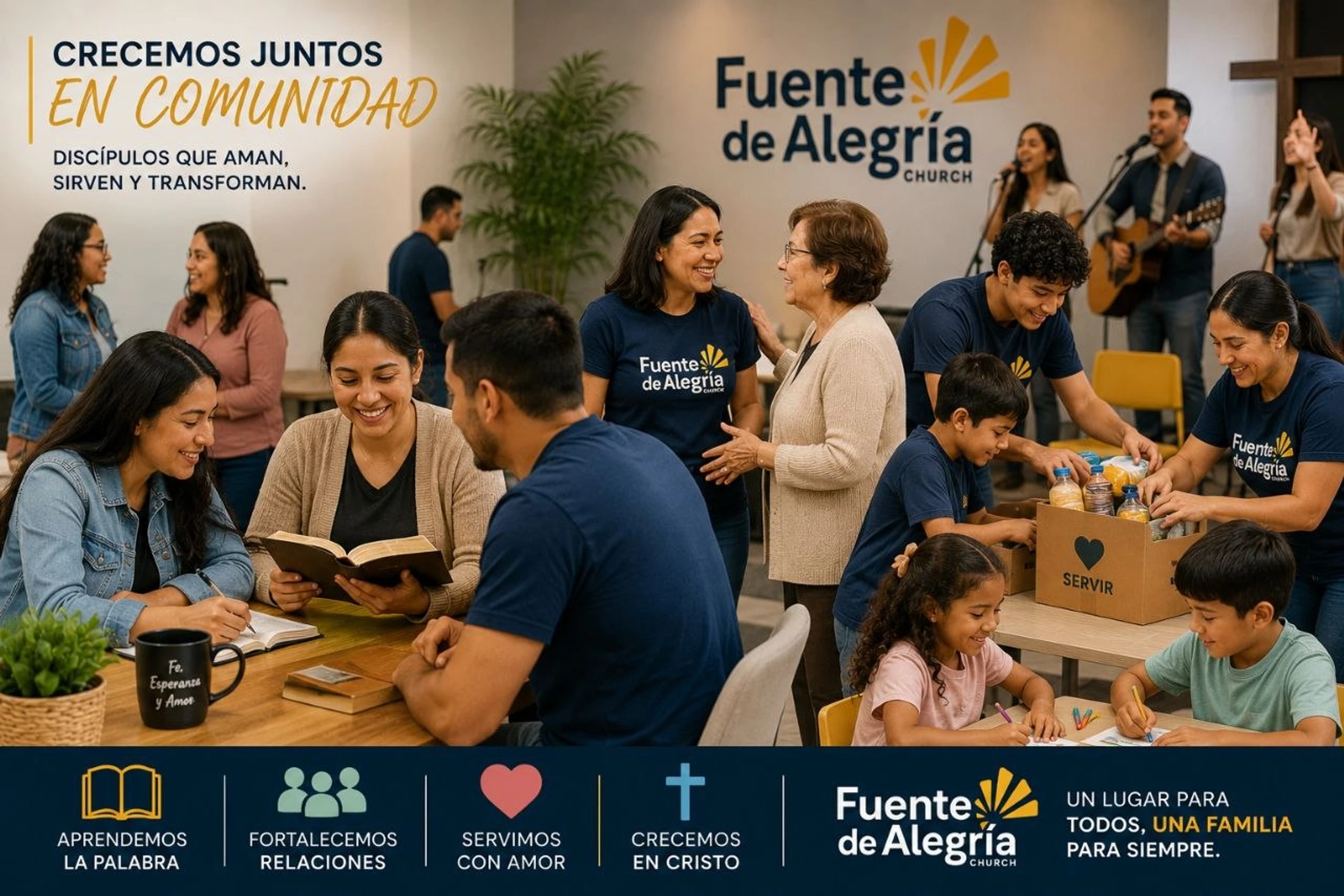 A collage of a church community showing people studying the bible, packing a donation box, talking, children coloring, and a band playing worship music.