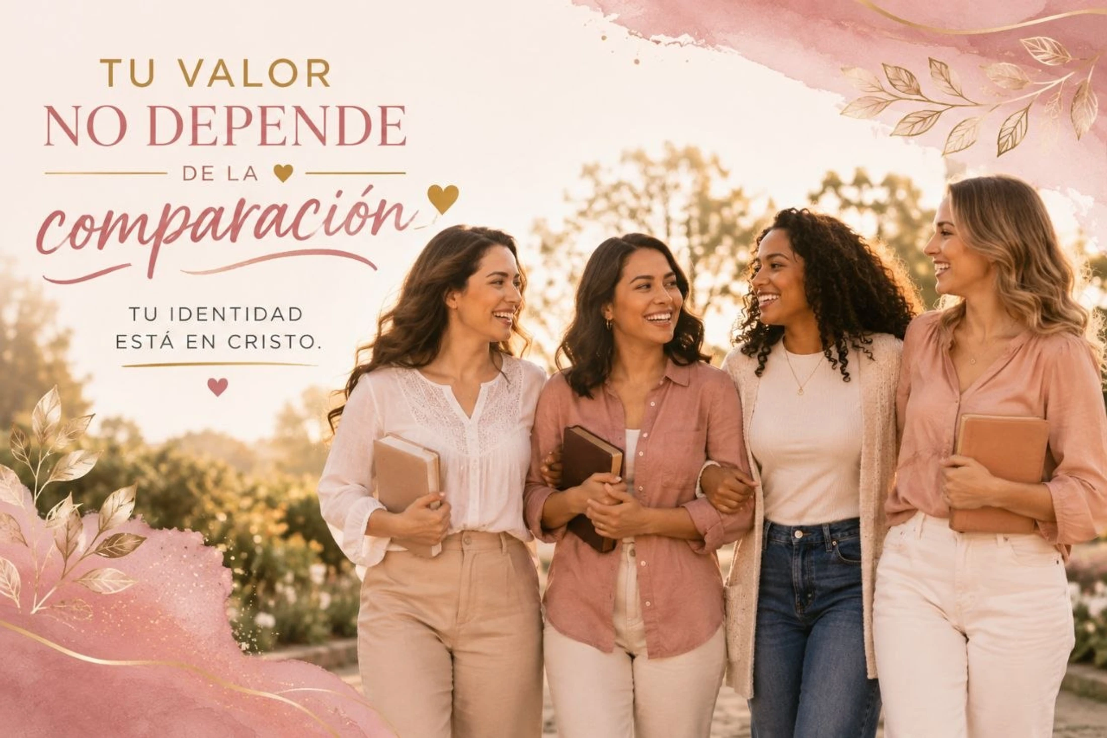 Four diverse women walk arm-in-arm, smiling and holding Bibles. Text in Spanish reads 'Your value does not depend on comparison. Your identity is in Christ.'