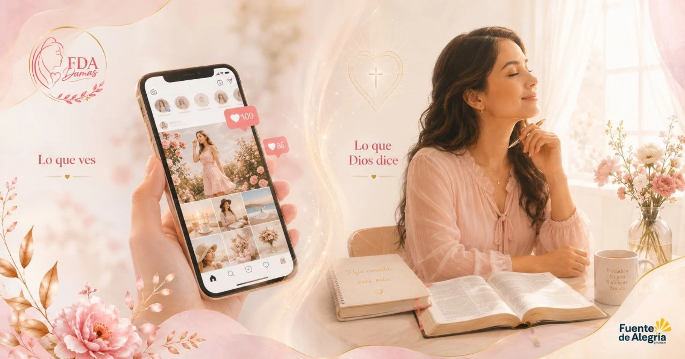 A split image contrasting a hand scrolling a social media feed on a phone with a serene woman finding peace reading her bible and journaling.