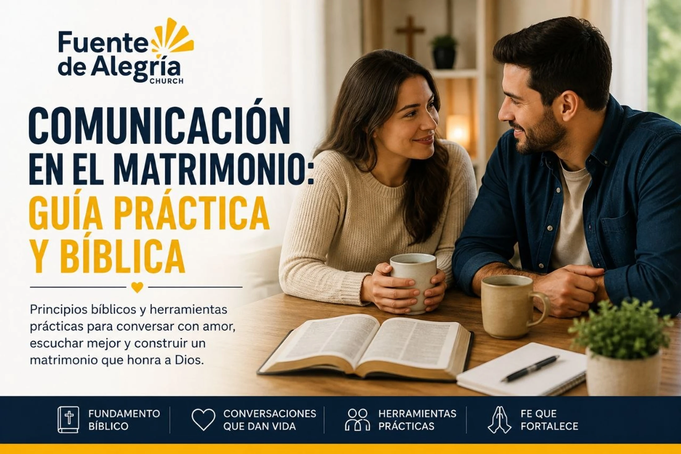 A smiling couple sits at a table with mugs and an open Bible. The text is in Spanish and says 'Communication in Marriage: Practical and Biblical Guide'.
