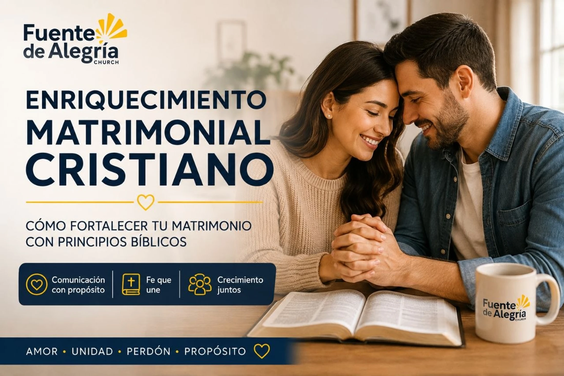 A happy couple smiles and holds hands over an open Bible. The image has Spanish text about strengthening marriage with biblical principles.