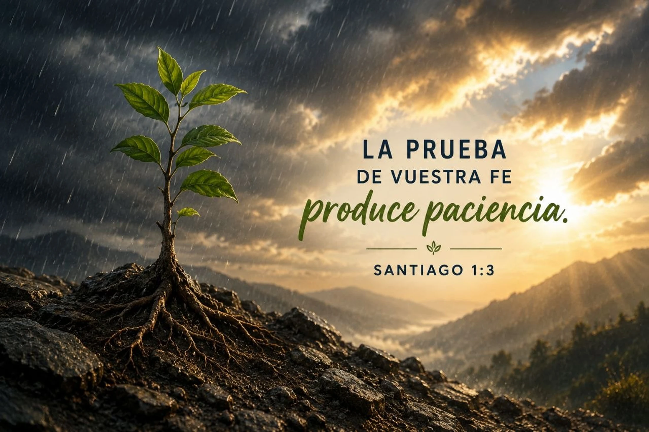 A sapling grows in rocky soil. It's raining under stormy clouds on one side, but the sun shines through on the other. Includes the Bible verse James 1:3.