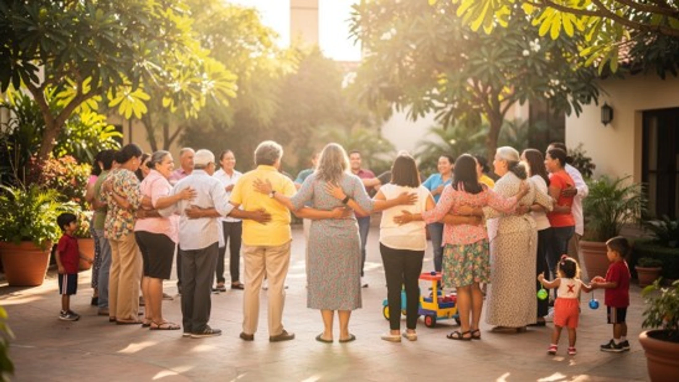 A large, multi-generational group of people stand in a circle in a sunlit courtyard. Their arms are around each other in a show of unity and support.