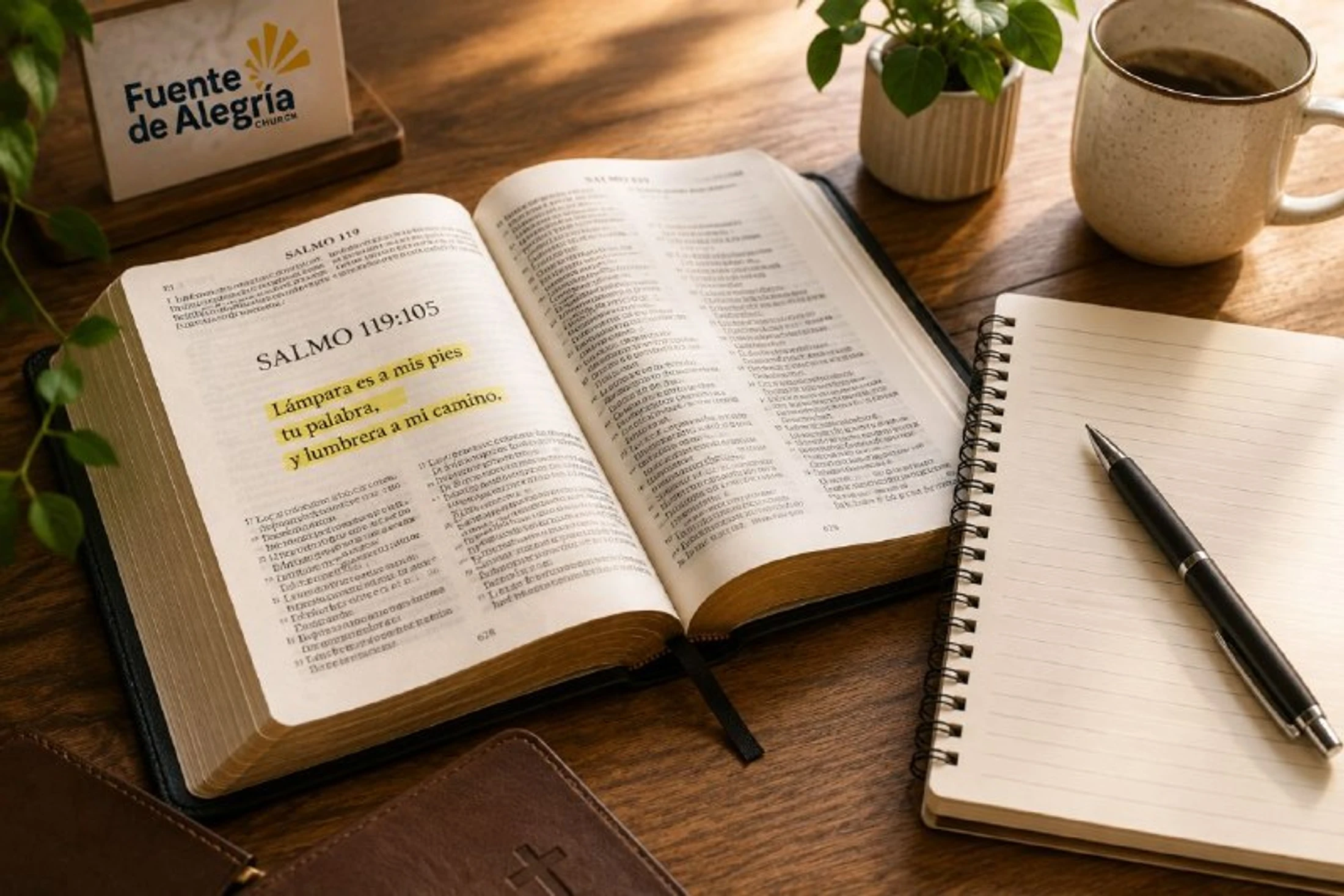 An open Spanish Bible on a wooden table with a highlighted verse from Psalm 119, next to a notebook, pen, and a cup of coffee.