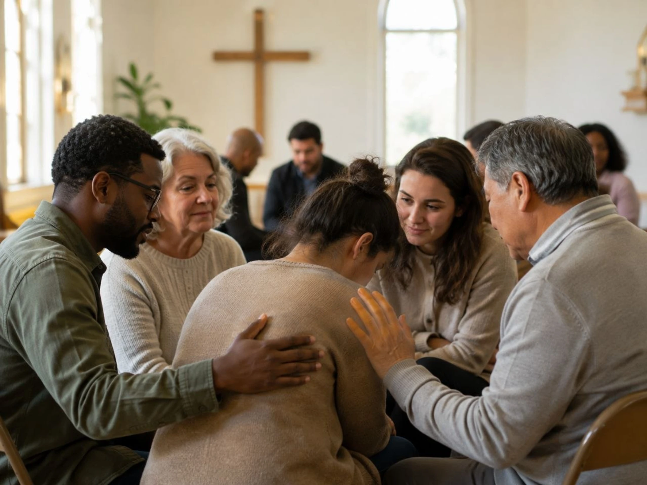 A diverse group of people sit in a circle in a church, placing comforting hands on a woman with her head bowed while they talk to her with concern.