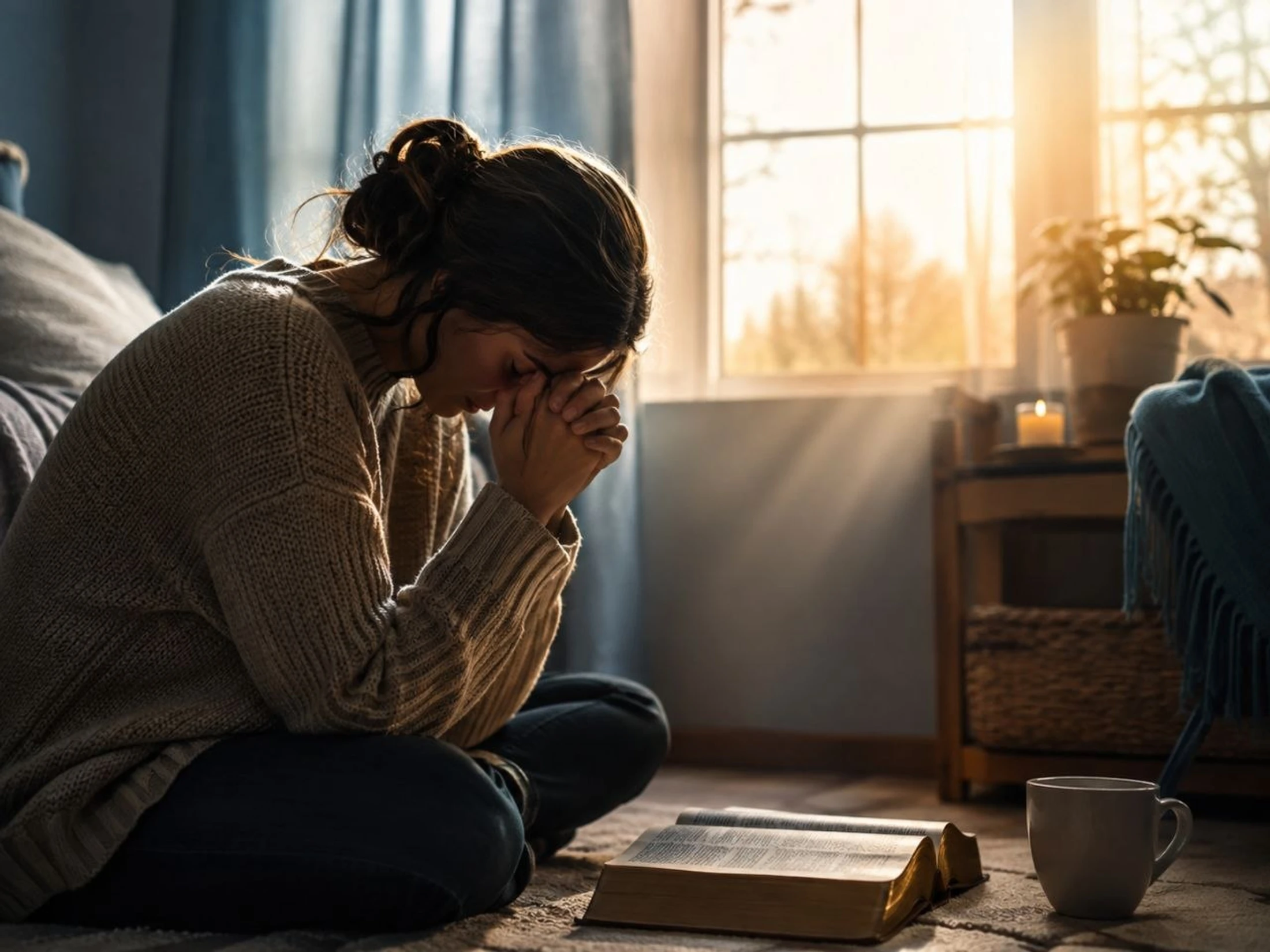 A woman sits on the floor with her head bowed and hands clasped in prayer. An open Bible is in front of her as sunlight streams through a window.