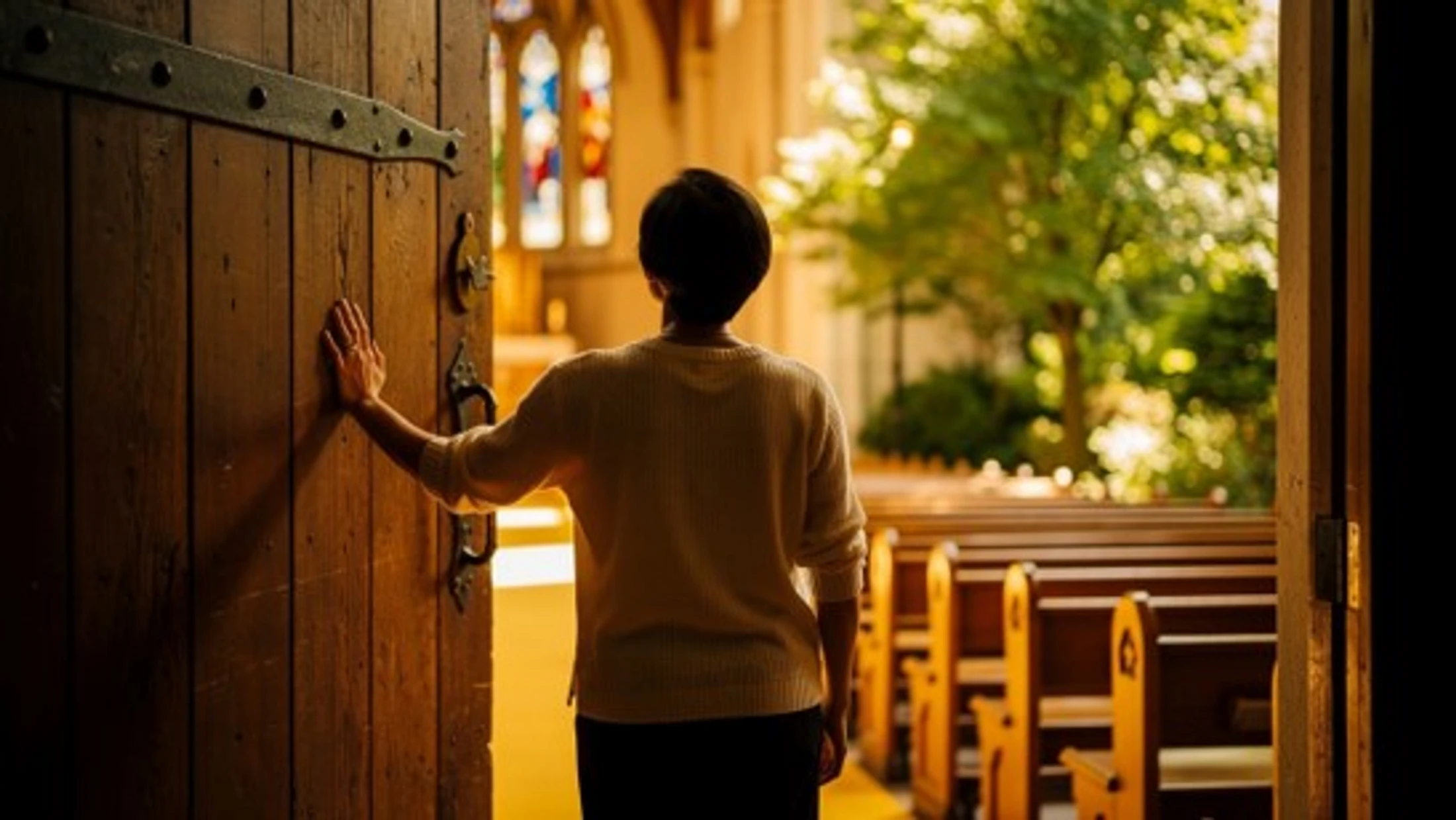 A view from behind of a woman pushing open a large wooden door to enter a church, with rows of pews and stained glass windows visible inside.