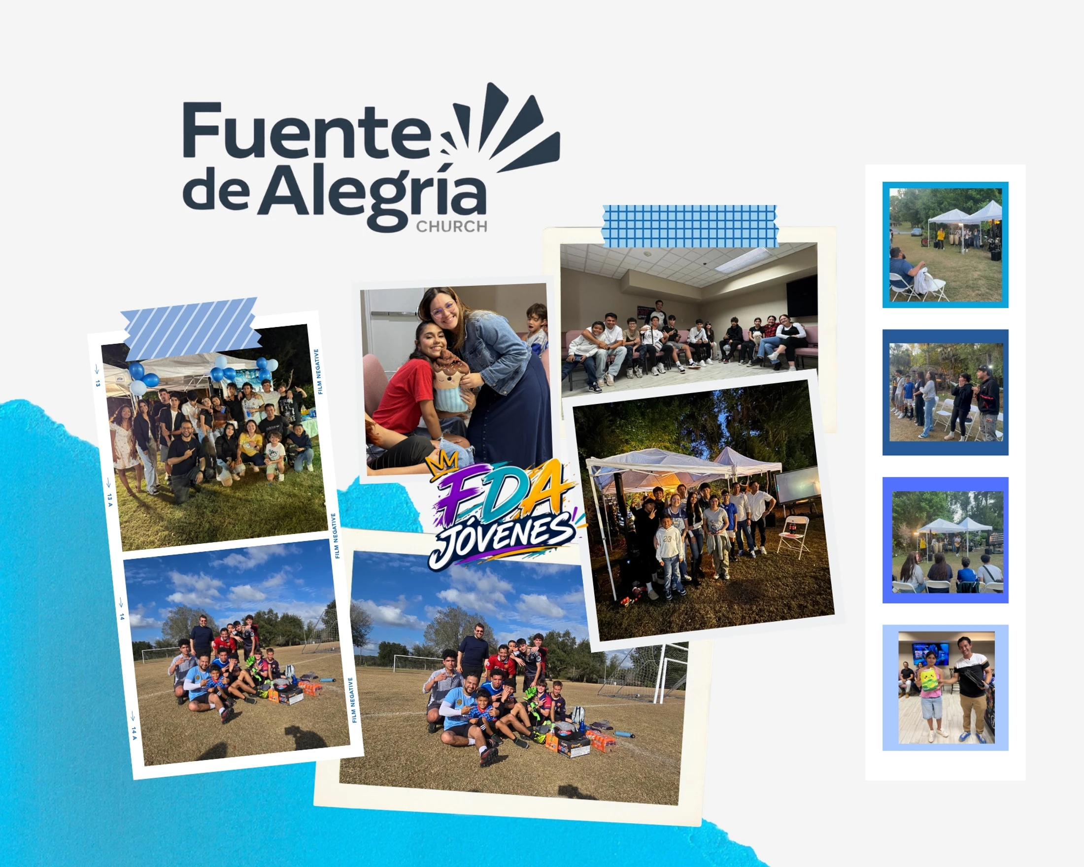 A vibrant collage of photos showing the 'FDA Jovenes' youth group from Fuente de Alegría Church enjoying various activities like parties, meetings, and soccer.