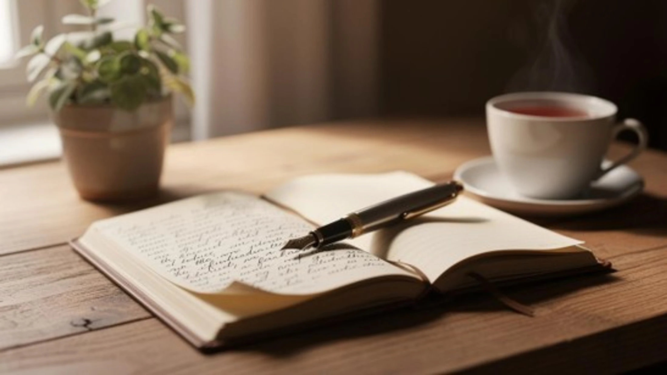An open journal with handwritten script and a fountain pen rests on a wooden table next to a steaming cup of tea and a small potted plant.