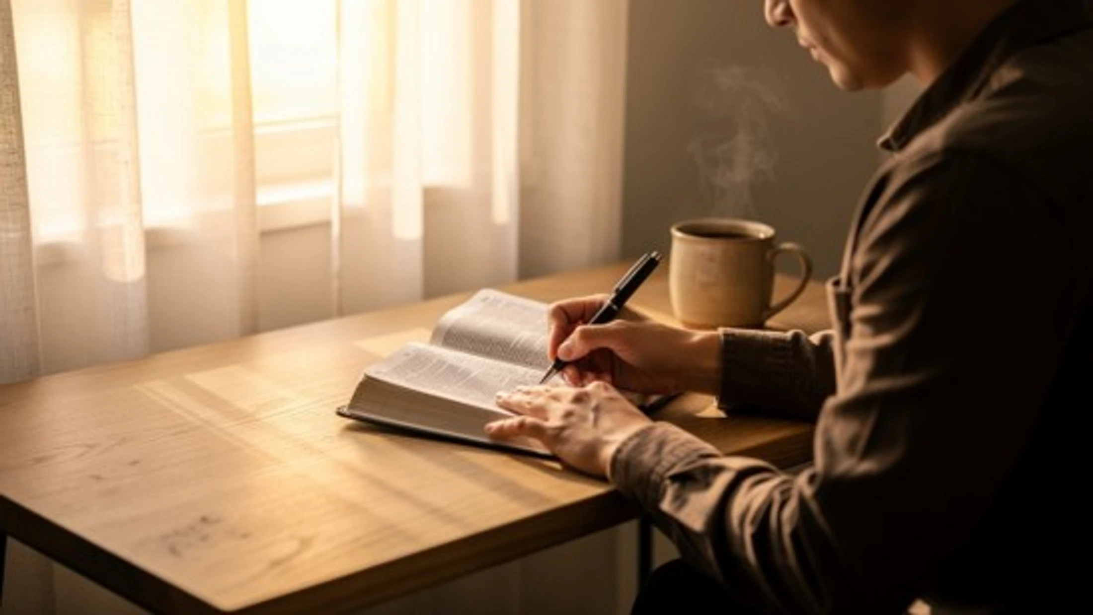 A person sits at a wooden desk by a window, writing in an open book with a pen. A steaming mug sits next to the book, bathed in warm sunlight.