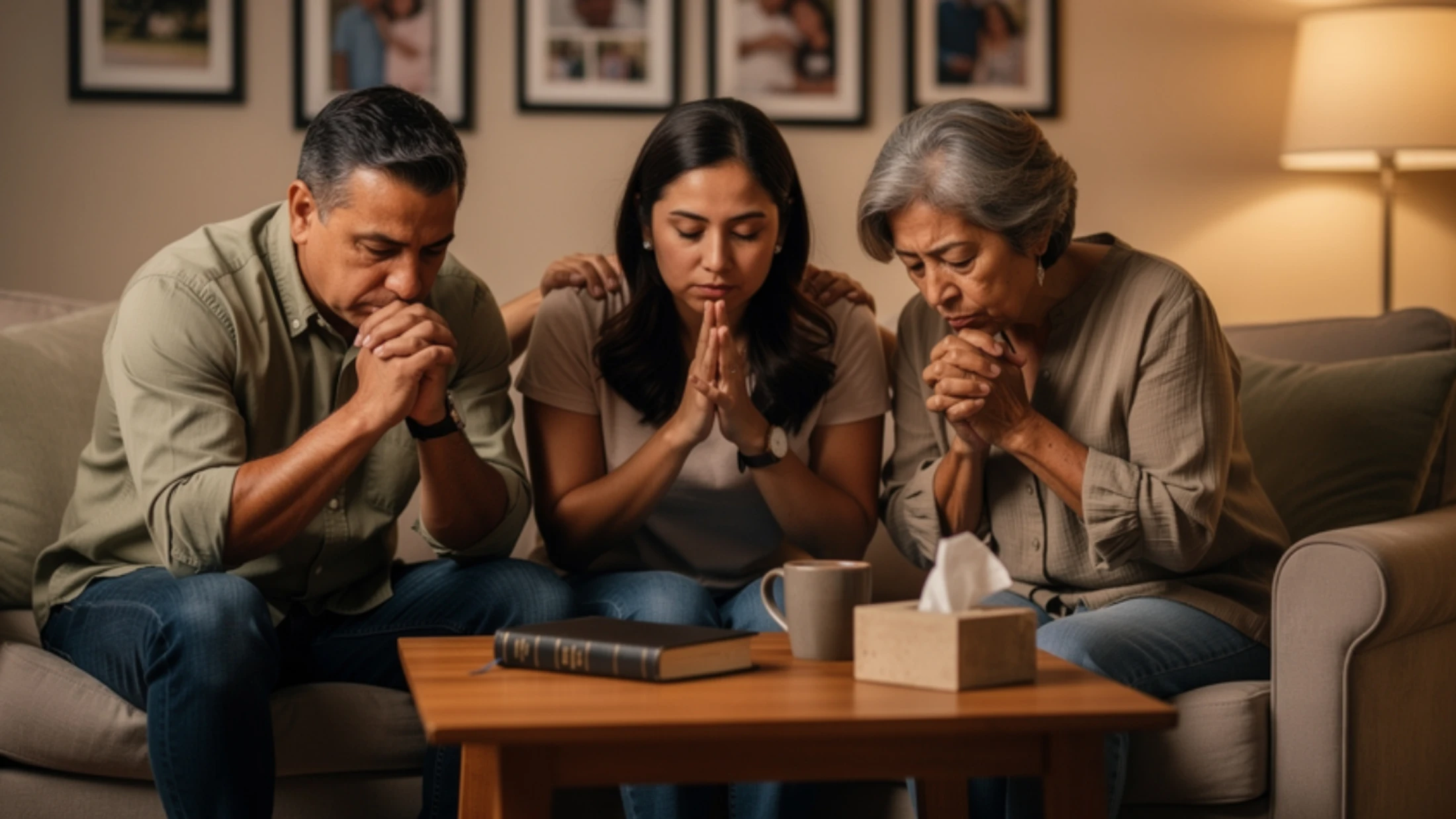 A family of three—a man, a young woman, and an older woman—sit on a couch with eyes closed and hands clasped, praying together over a Bible on the table.