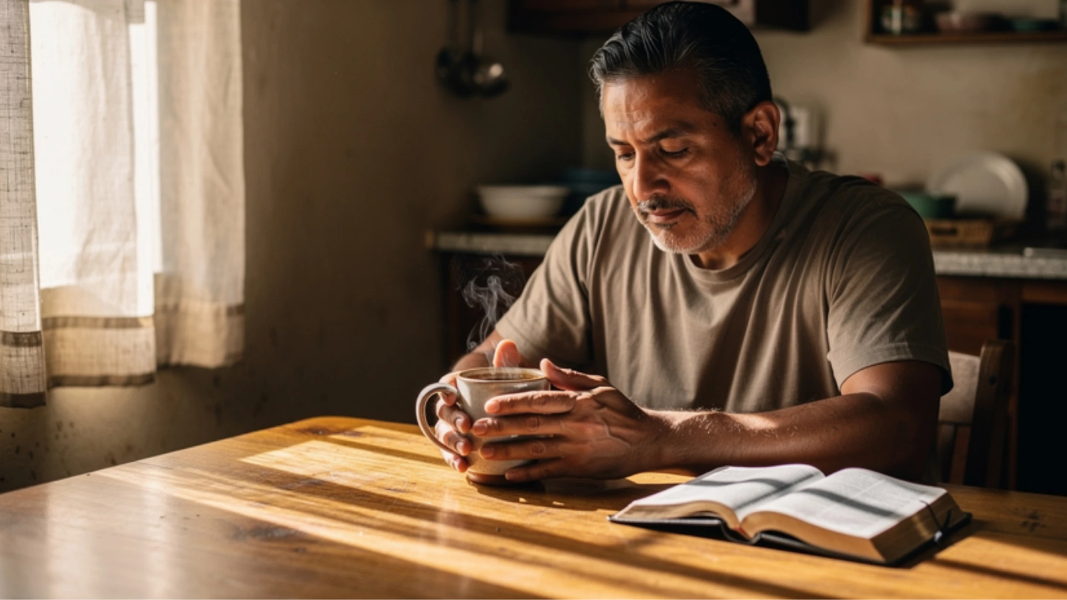A contemplative man sits at a sunlit wooden table, holding a steaming mug of coffee with an open Bible in front of him.