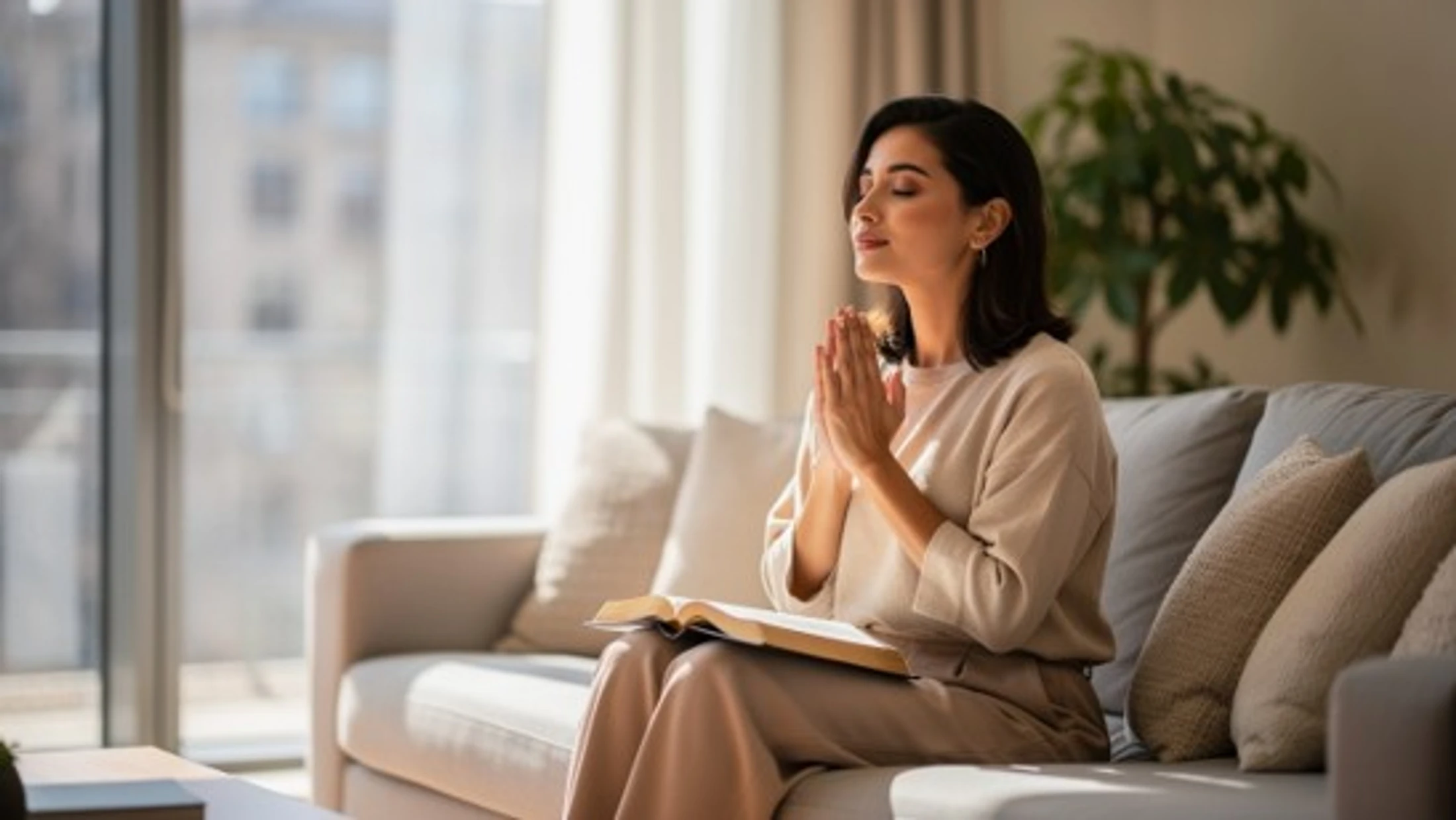 A woman sits on a sunlit couch with her eyes closed and hands together in prayer. An open book, possibly a Bible, rests on her lap.