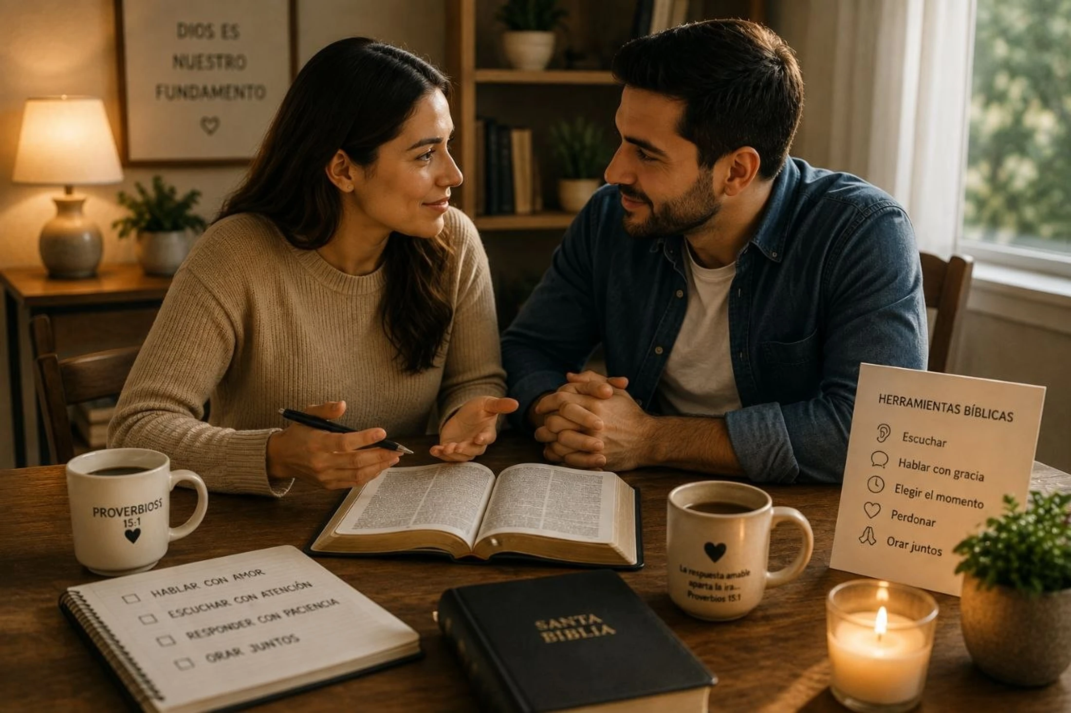 A man and woman sit at a wooden table, looking at each other while studying a Bible. They have notepads with Spanish notes, coffee mugs, and a candle.