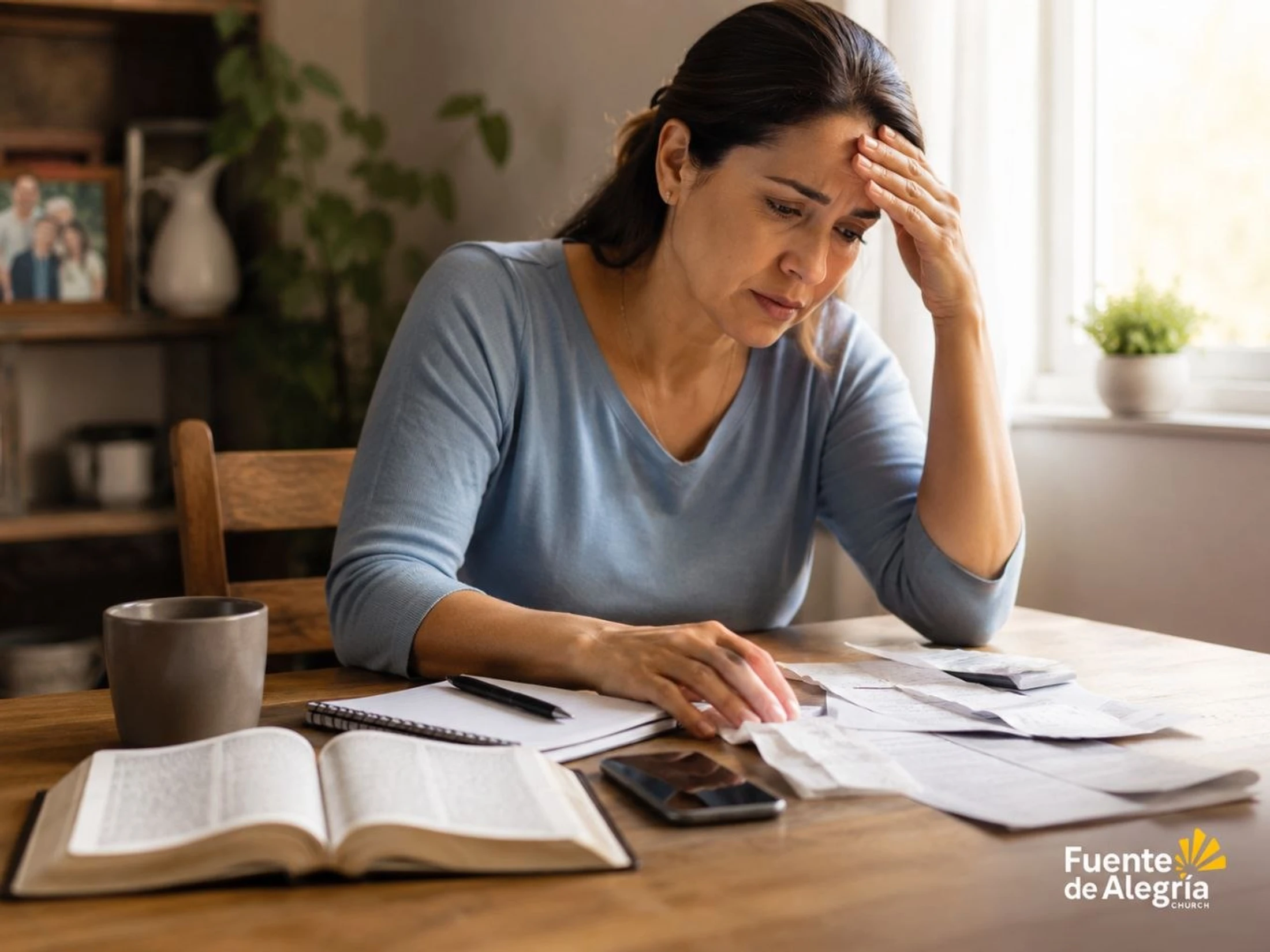 A worried woman sits at a wooden table reviewing bills, with an open Bible in front of her. She has her hand on her forehead, looking stressed.