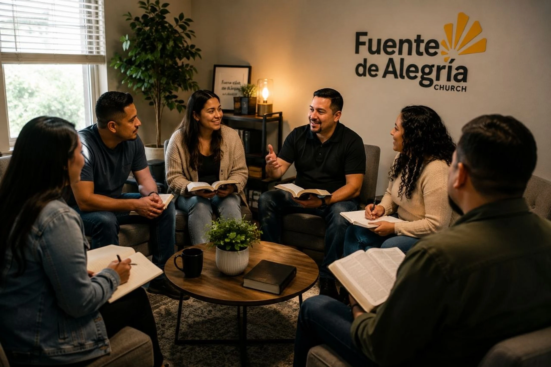 A diverse group of six adults sit in a circle holding Bibles and notebooks during a small group meeting at Fuente de Alegría Church.