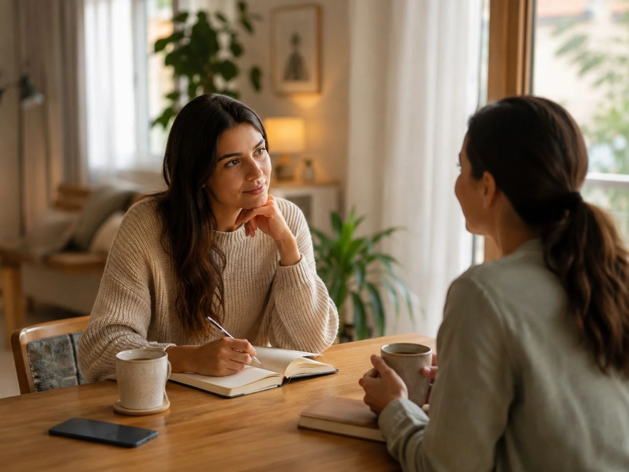 A woman in a cream sweater listens intently to another woman, resting her chin on her hand and holding a pen over a notebook at a wooden table.