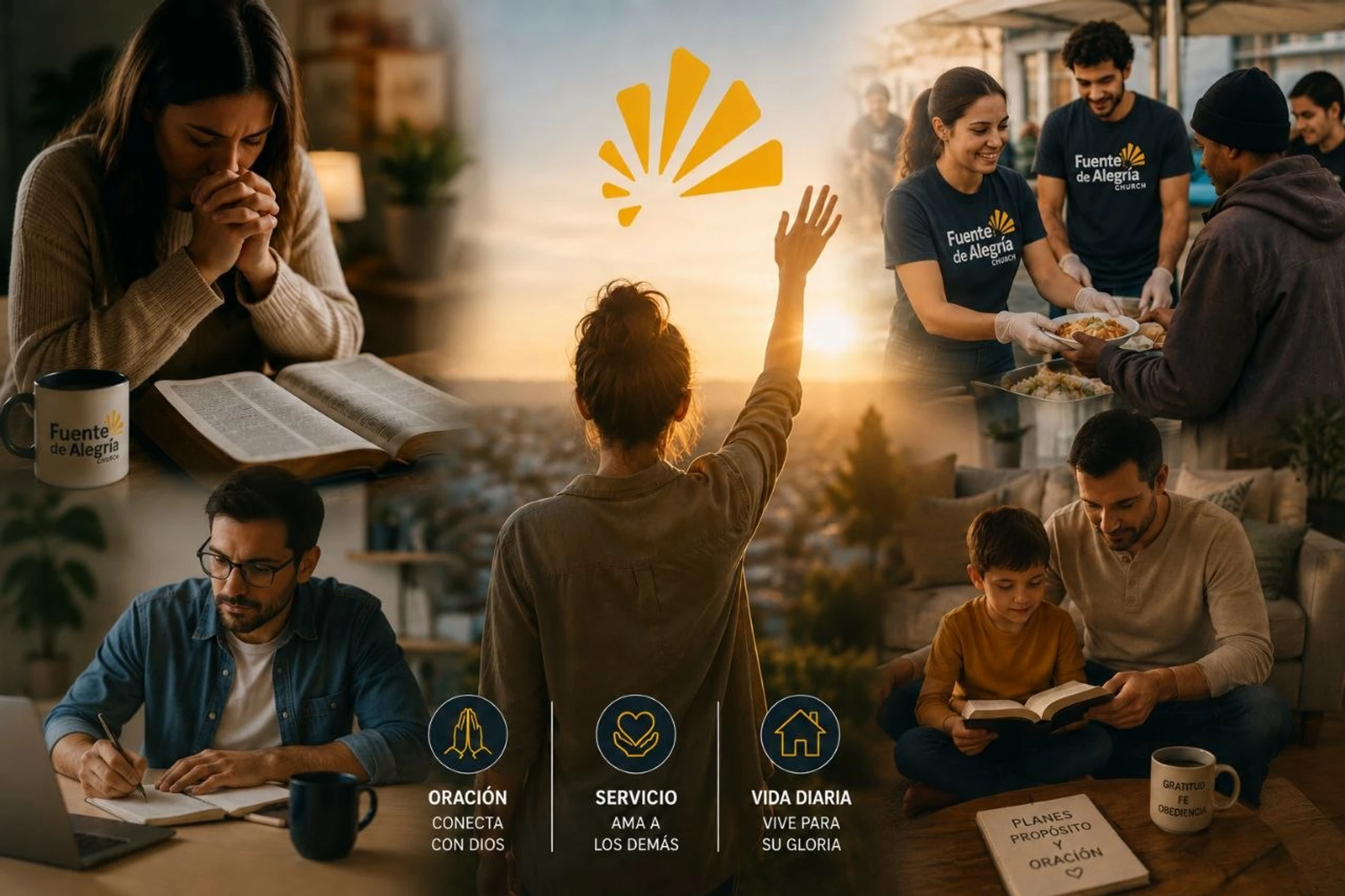 A collage showing people engaged in Christian life: praying, studying, serving food to the needy, worshiping at sunset, and a father and son reading together.