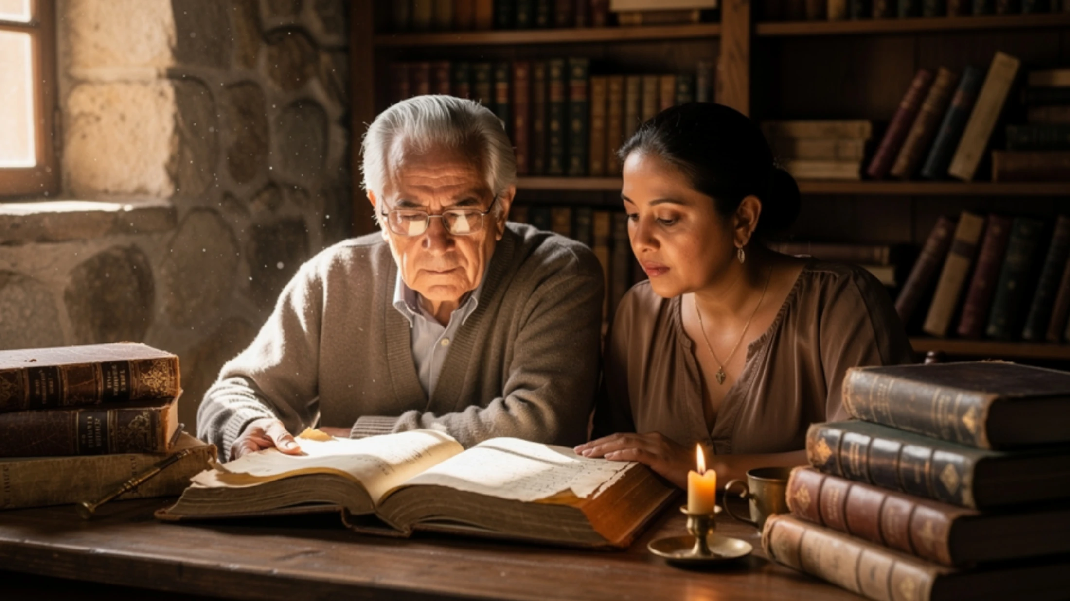 An elderly man and a younger woman sit at a wooden table in a rustic library, intently reading a large, ancient book lit by a candle and a sunbeam.