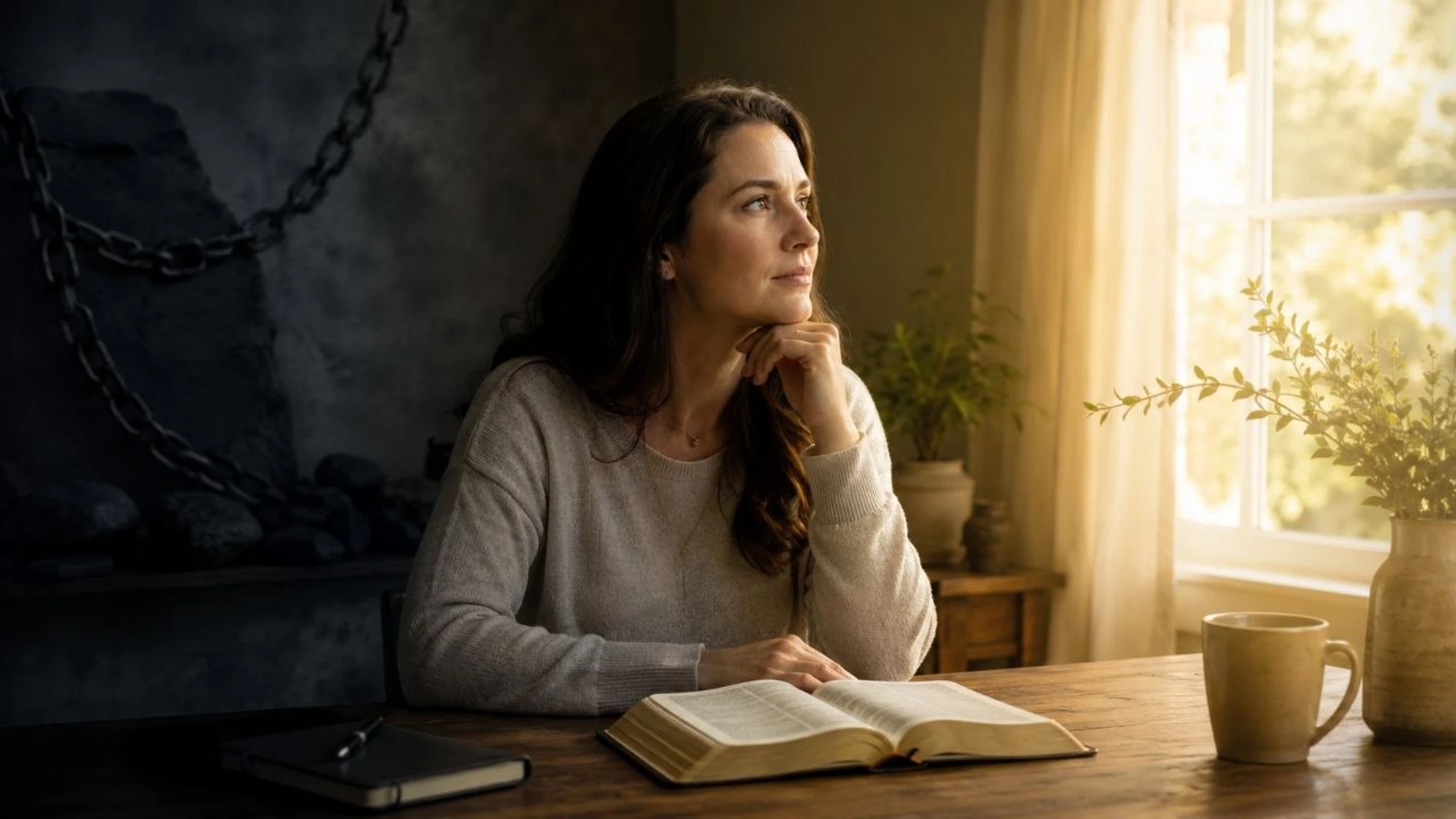 A woman sits at a table with an open Bible, looking hopefully toward a sunny window. Behind her, a dark wall with chains contrasts with the bright light.