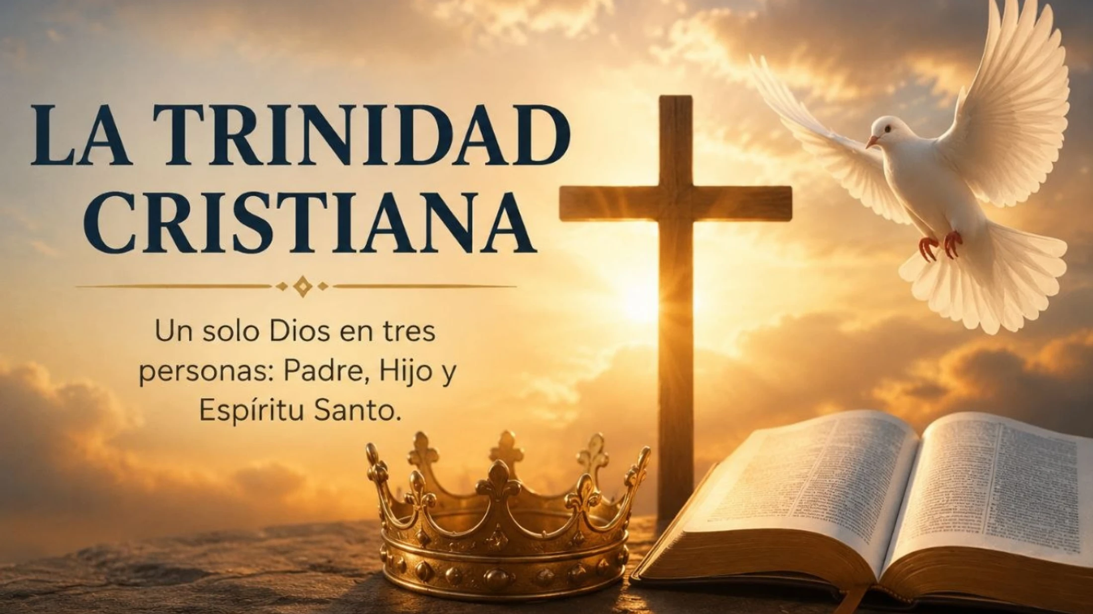 An image with Spanish text explaining the Christian Trinity, showing a crown, cross, dove, and Bible against a golden sunset.