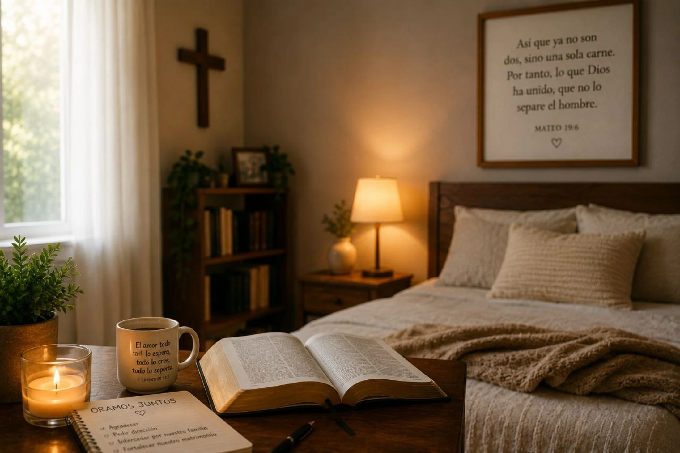 A cozy bedroom with a table in the foreground holding an open Bible, a candle, and a notebook for prayer. A cross and Bible verse art adorn the walls.