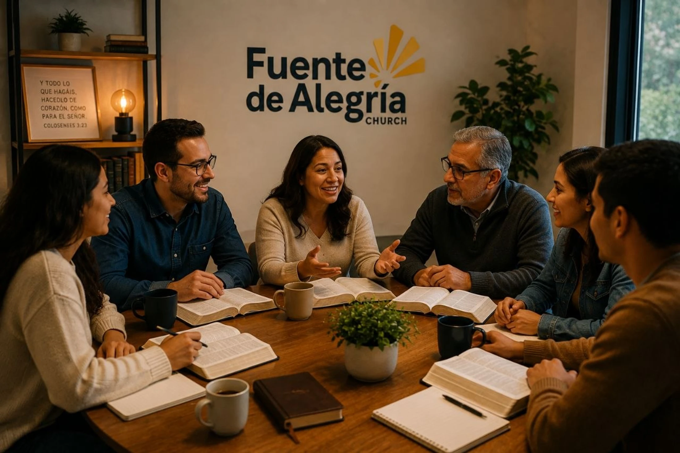 A group of six adults sit around a wooden table with open Bibles, smiling and having a lively discussion in a room with a church logo on the wall.