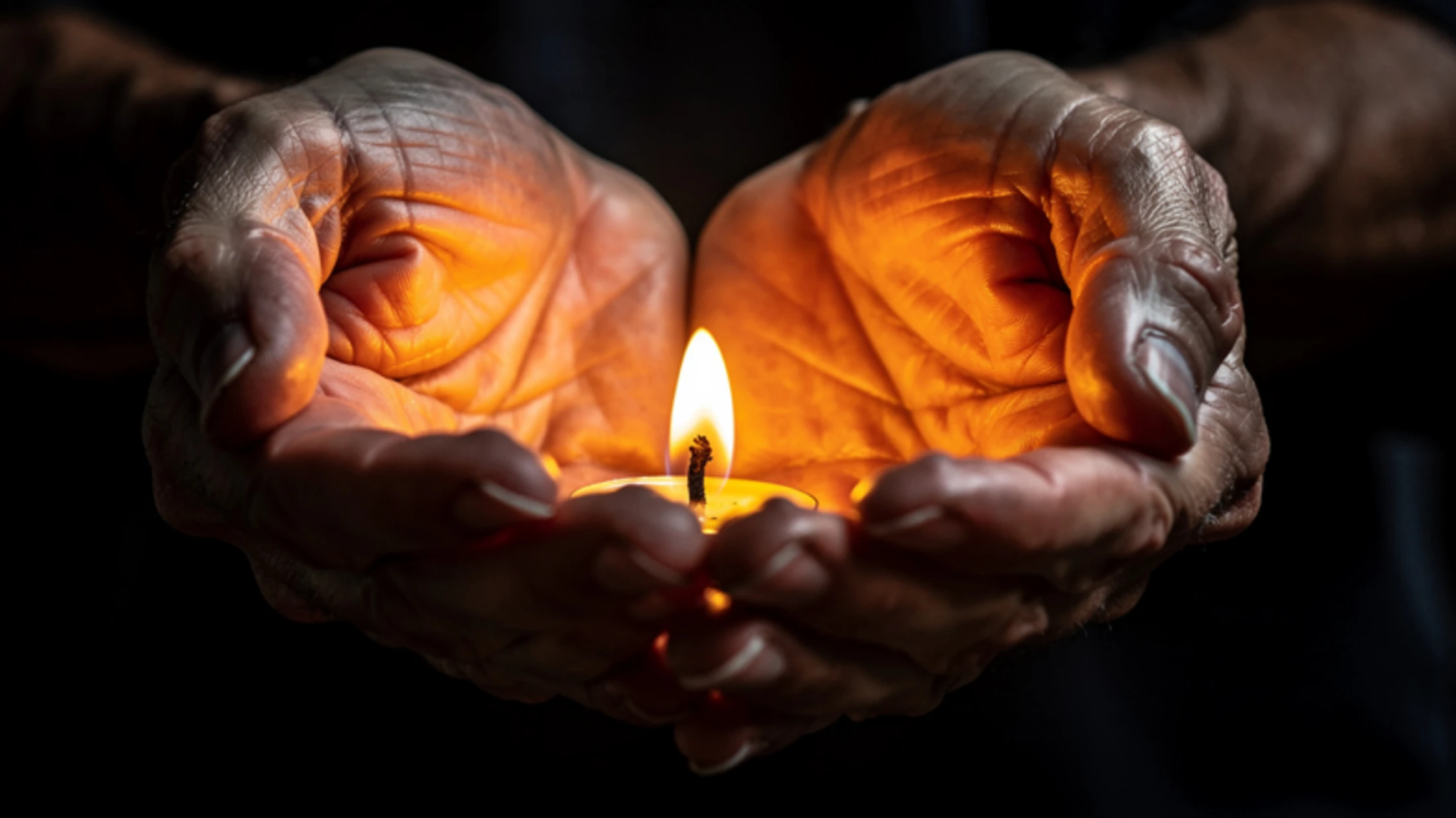 Close-up of an elderly person's wrinkled hands cupped around a lit tea light candle. The warm flame illuminates their palms against a black background.