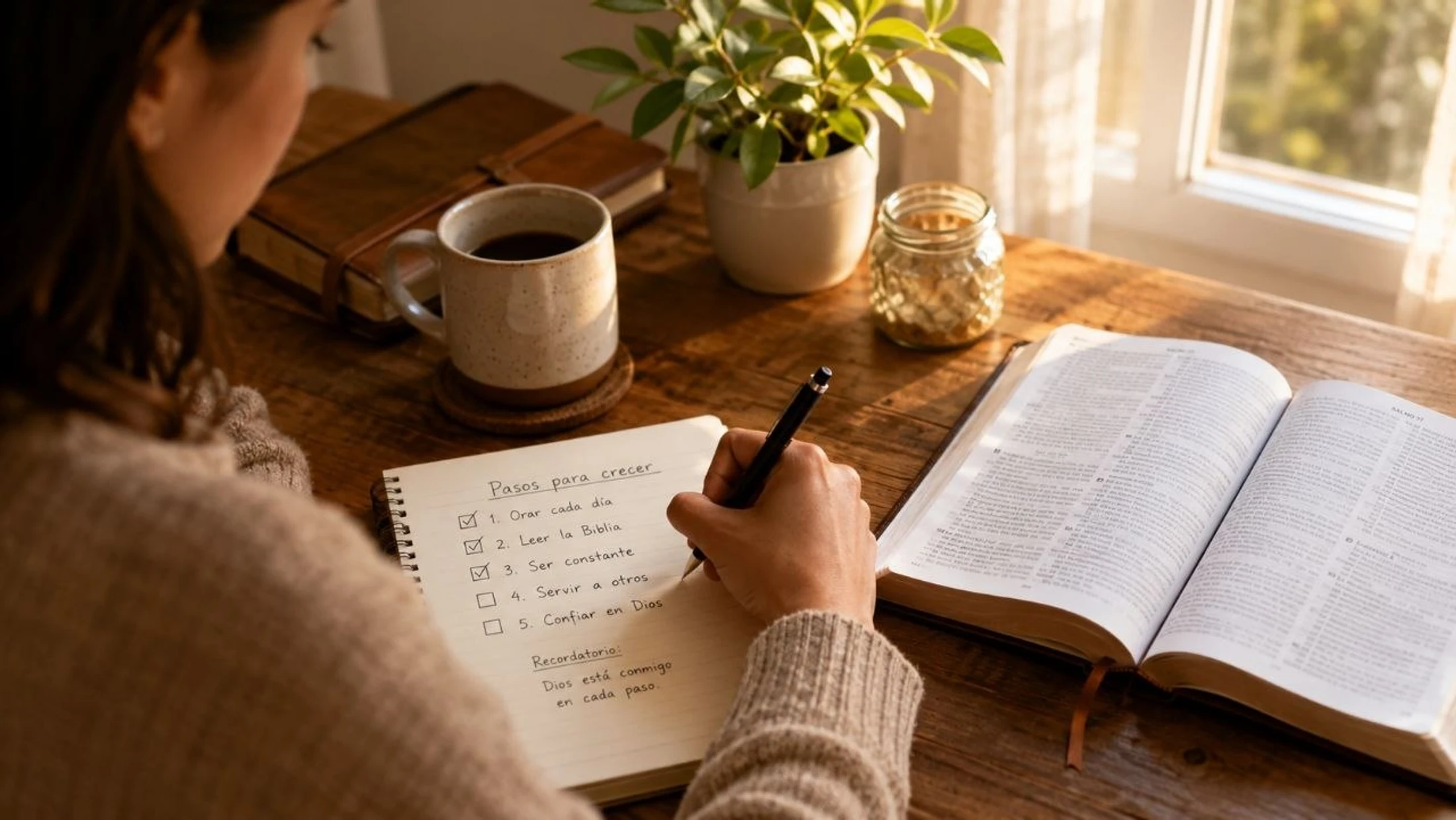 A woman at a wooden desk writes a checklist in Spanish for spiritual growth, with an open Bible and a cup of coffee nearby in the morning light.