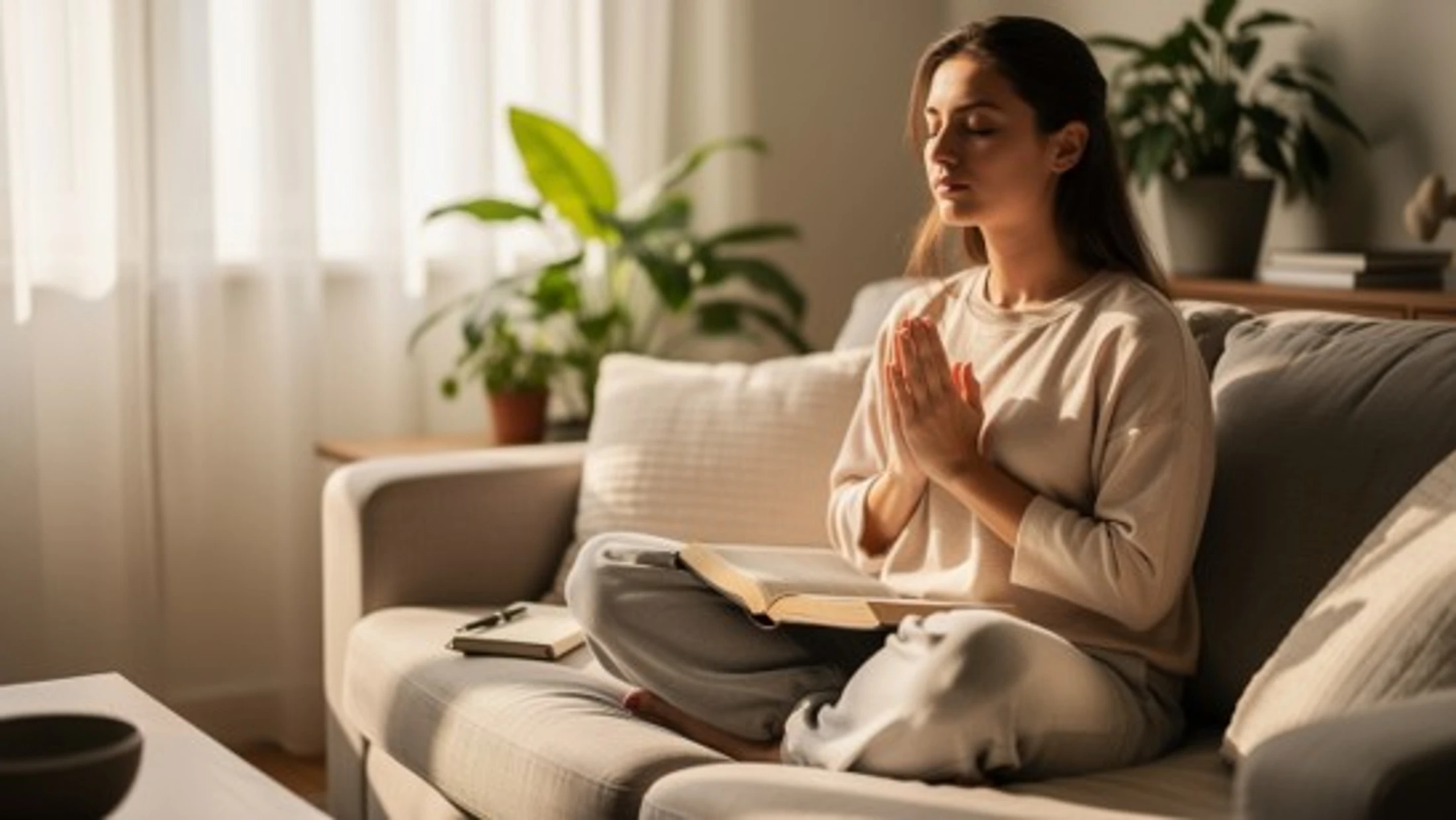 A woman sits cross-legged on a couch with her hands together in prayer and eyes closed. An open book rests on her lap in a sunlit living room.
