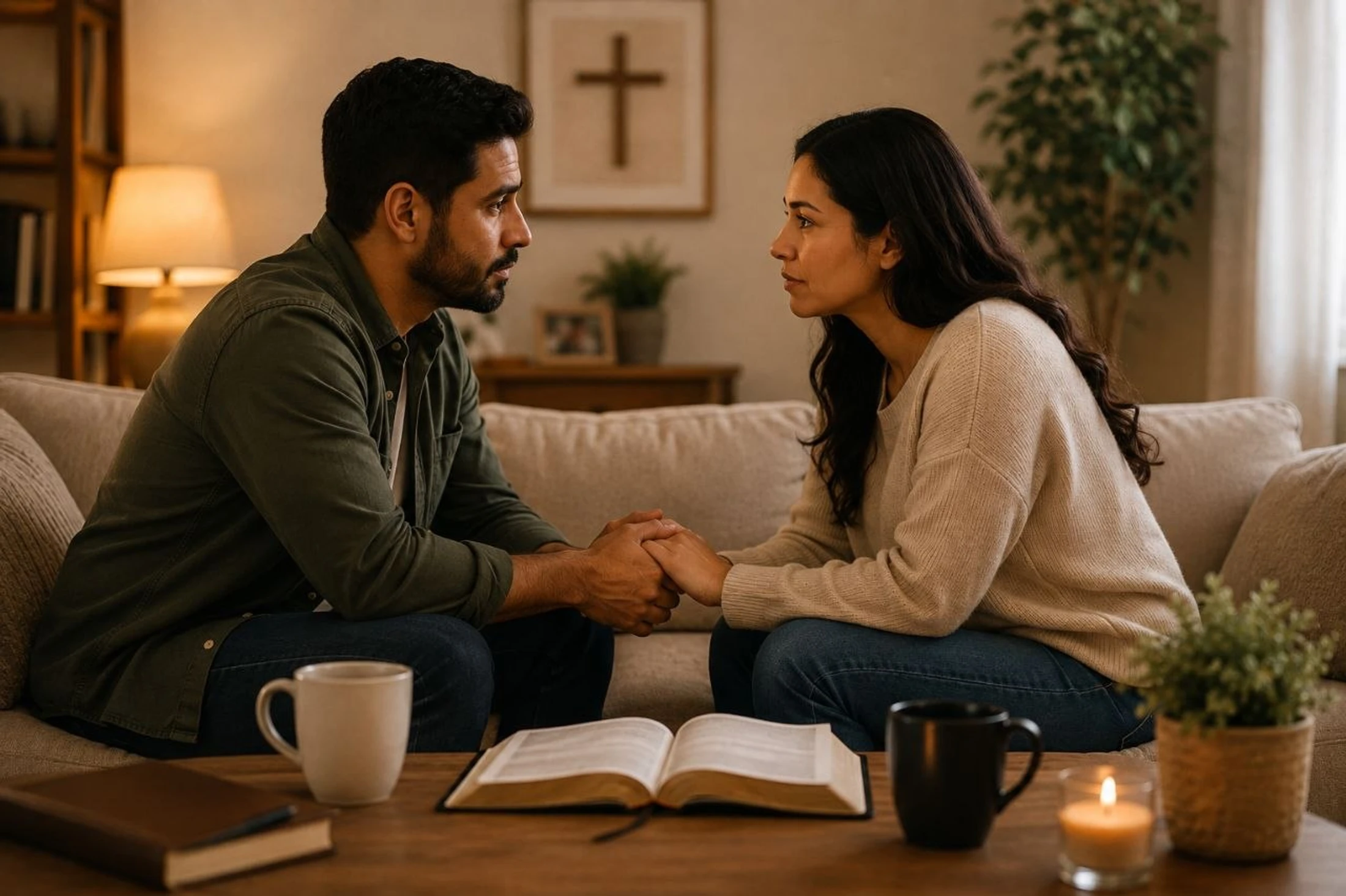 A man and woman sit on a couch, holding hands and looking at each other. An open Bible is on the coffee table, and a cross hangs on the wall behind them.