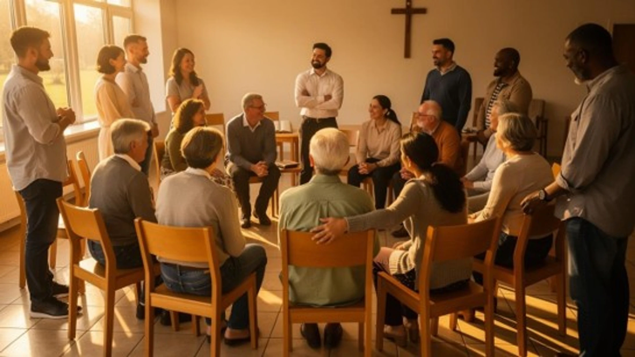 A diverse group of people sits and stands in a circle during a support group meeting in a sunlit room with a cross on the wall.