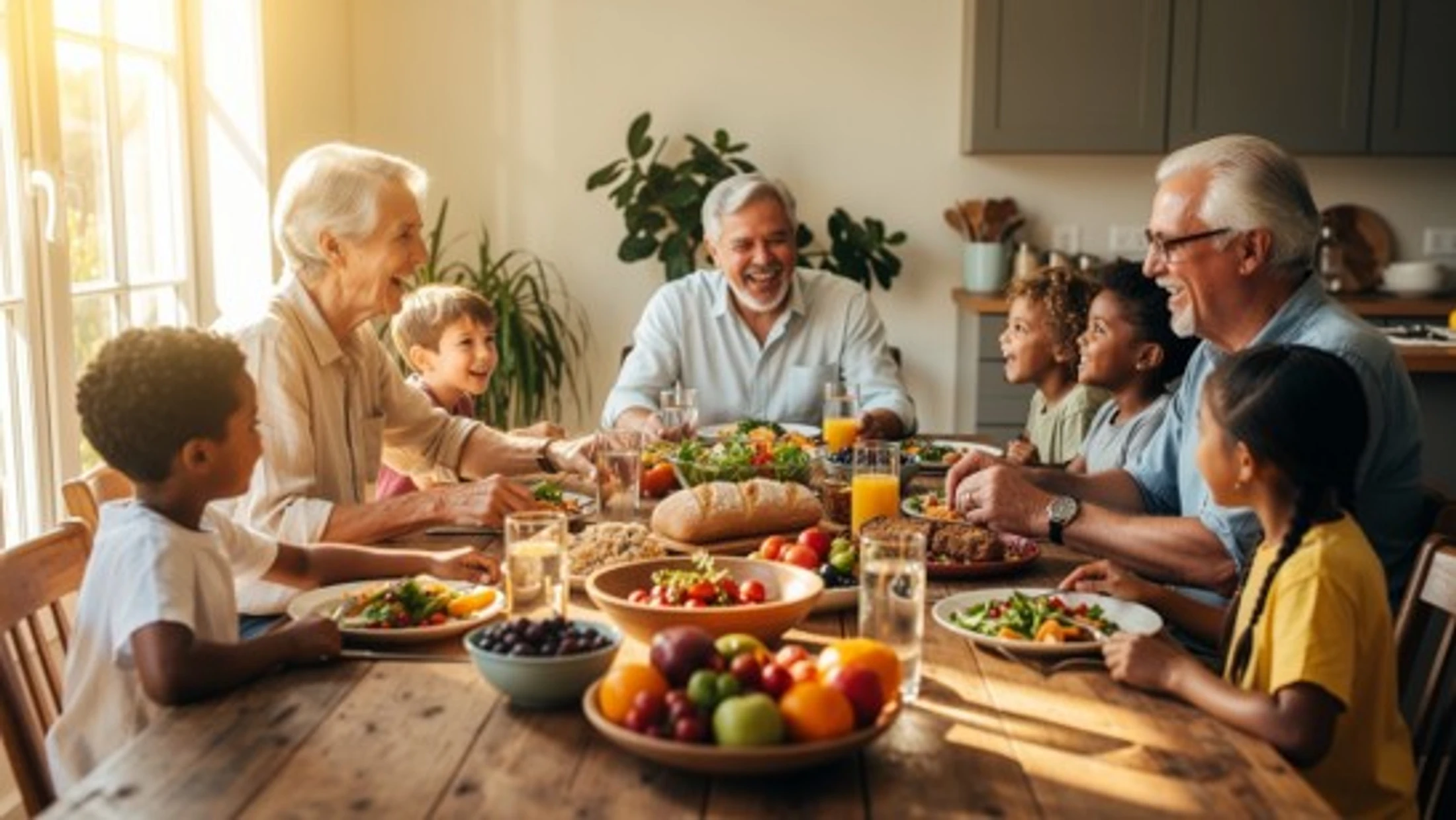 A diverse, multi-generational family with grandparents and grandchildren laughing and smiling while sharing a healthy meal at a sunlit wooden dining table.