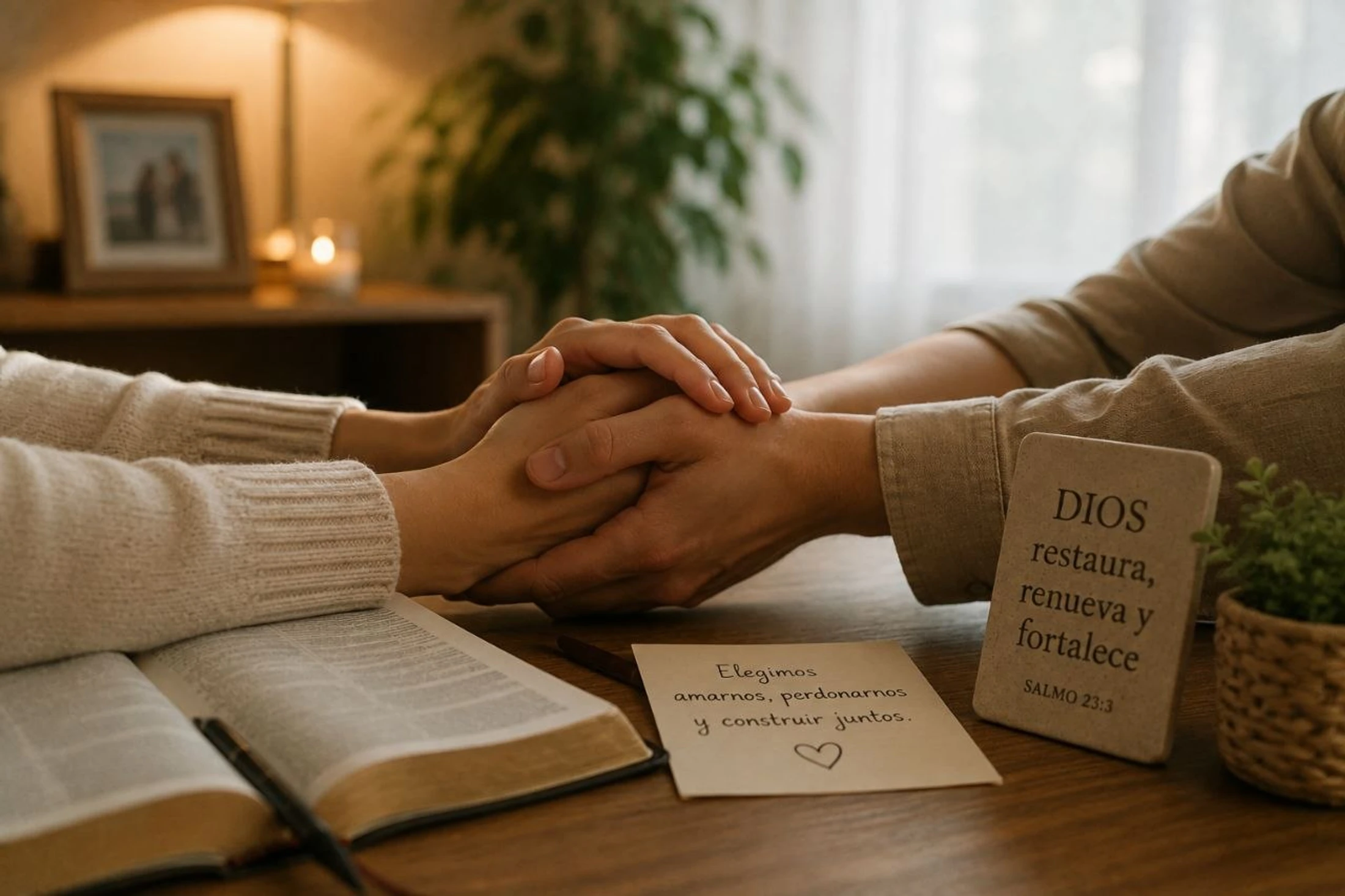 A couple holds hands across a table with an open Bible and inspirational notes in Spanish about God, love, and forgiveness.