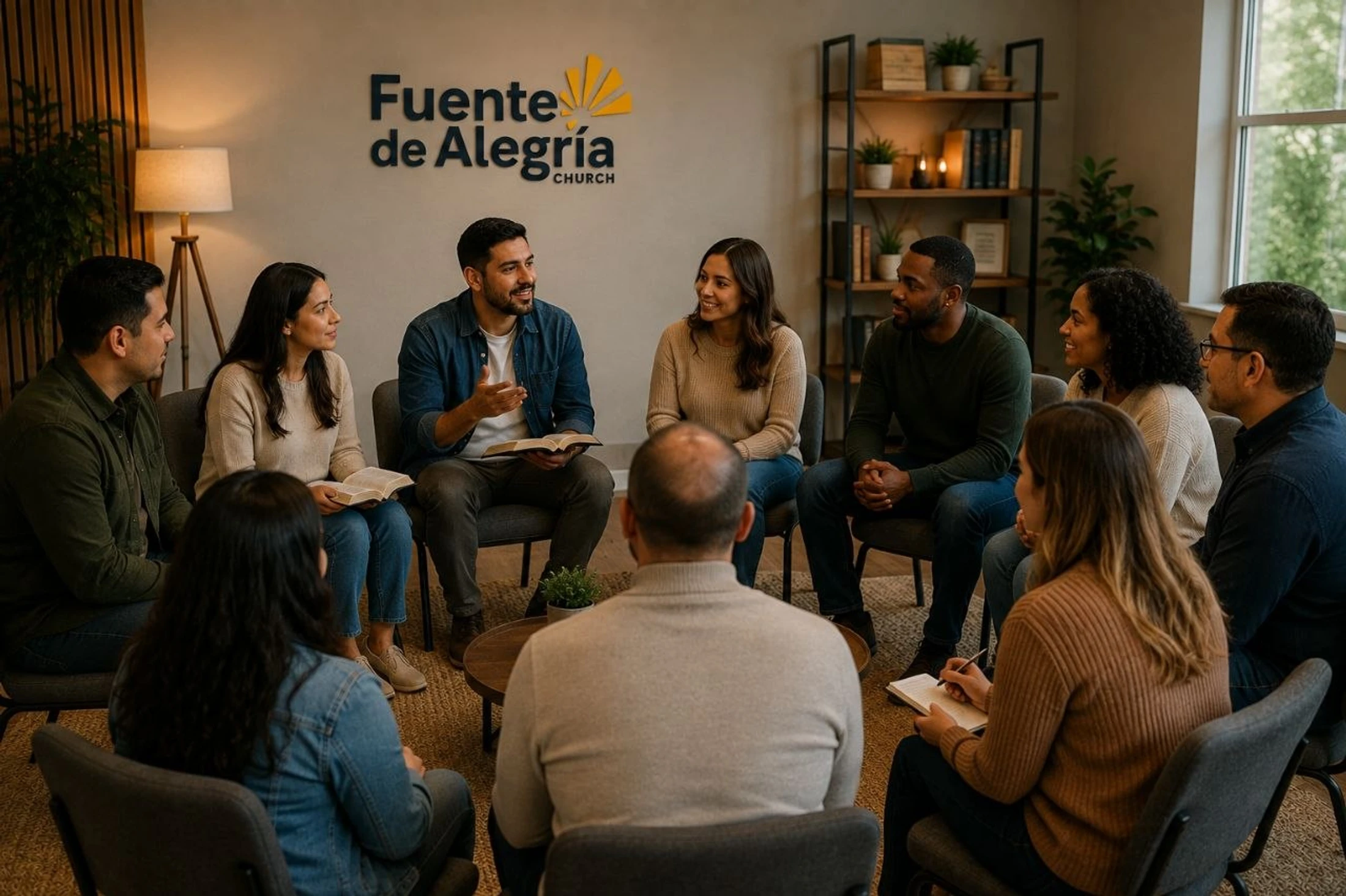 A diverse group of adults sit in a circle for a discussion. One man speaks from a book while others listen in a room with a church logo on the wall.