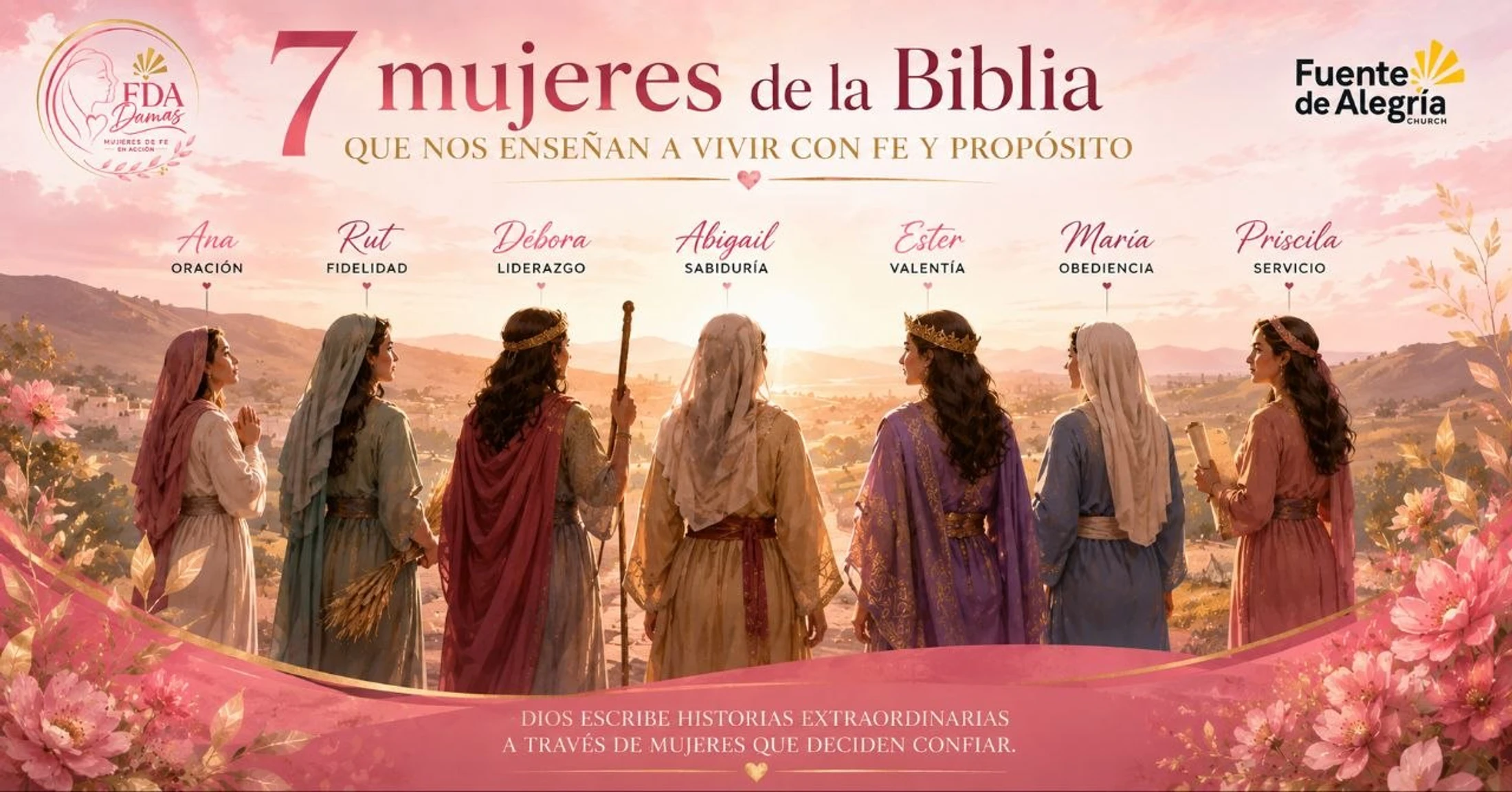A graphic in Spanish showing seven women from the Bible from behind, looking over a landscape. Each is labeled with her name and a corresponding virtue.