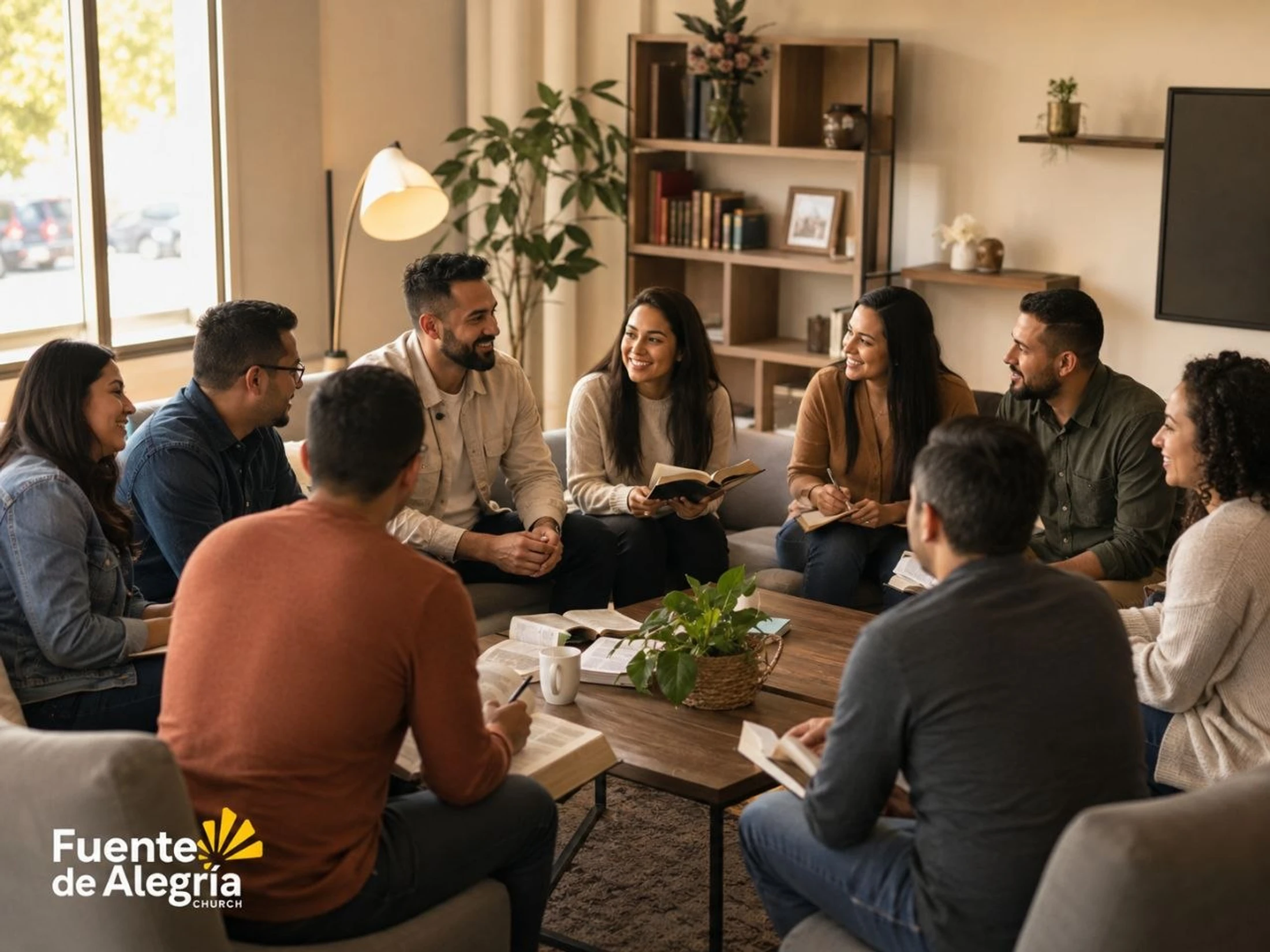 A diverse group of smiling adults sits in a circle in a cozy living room, holding Bibles and joyfully discussing during a small group meeting.