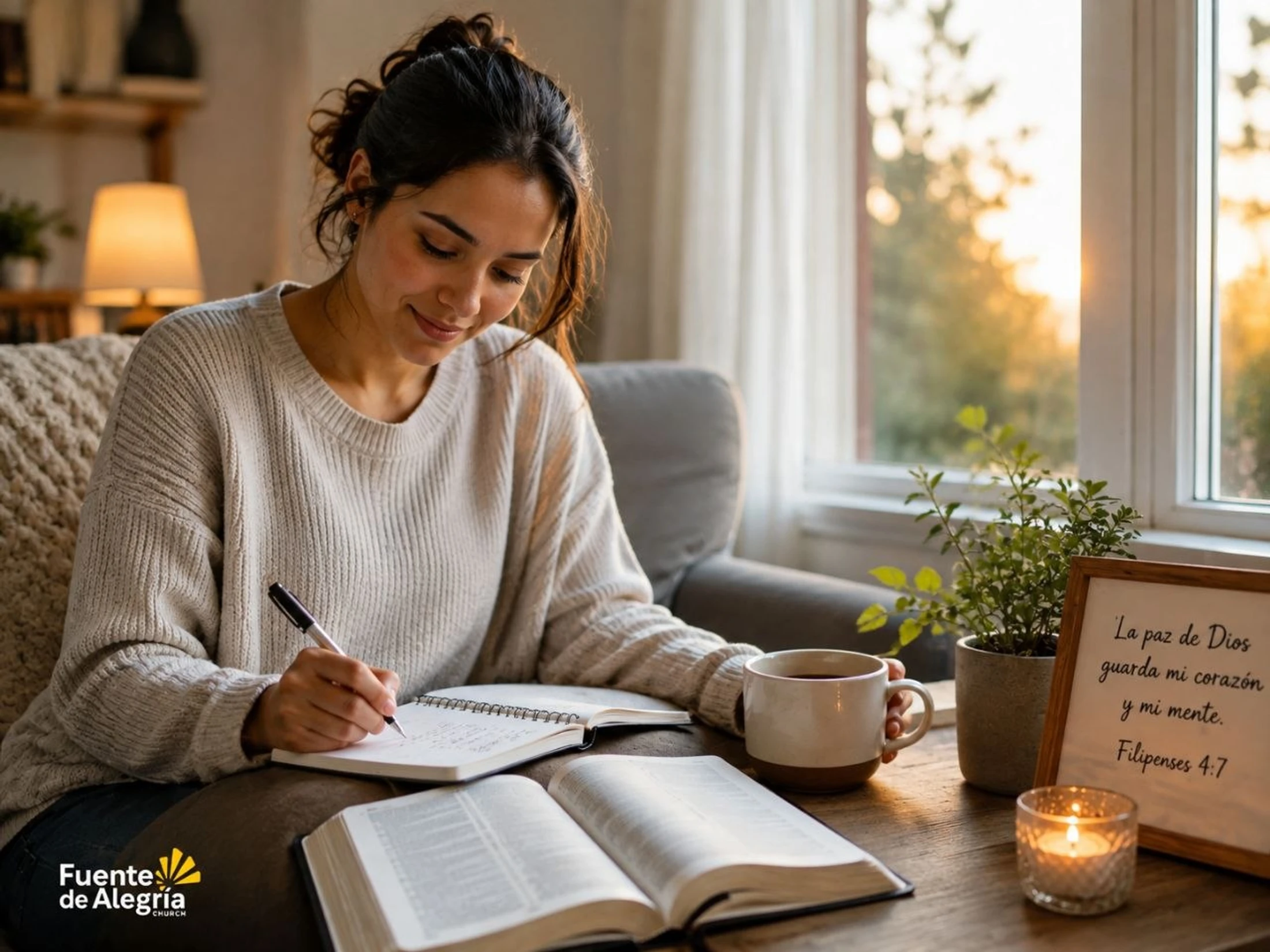 A woman sits in a cozy room, writing in a journal with an open Bible, a mug, and a lit candle on the table beside her as the sun rises outside.
