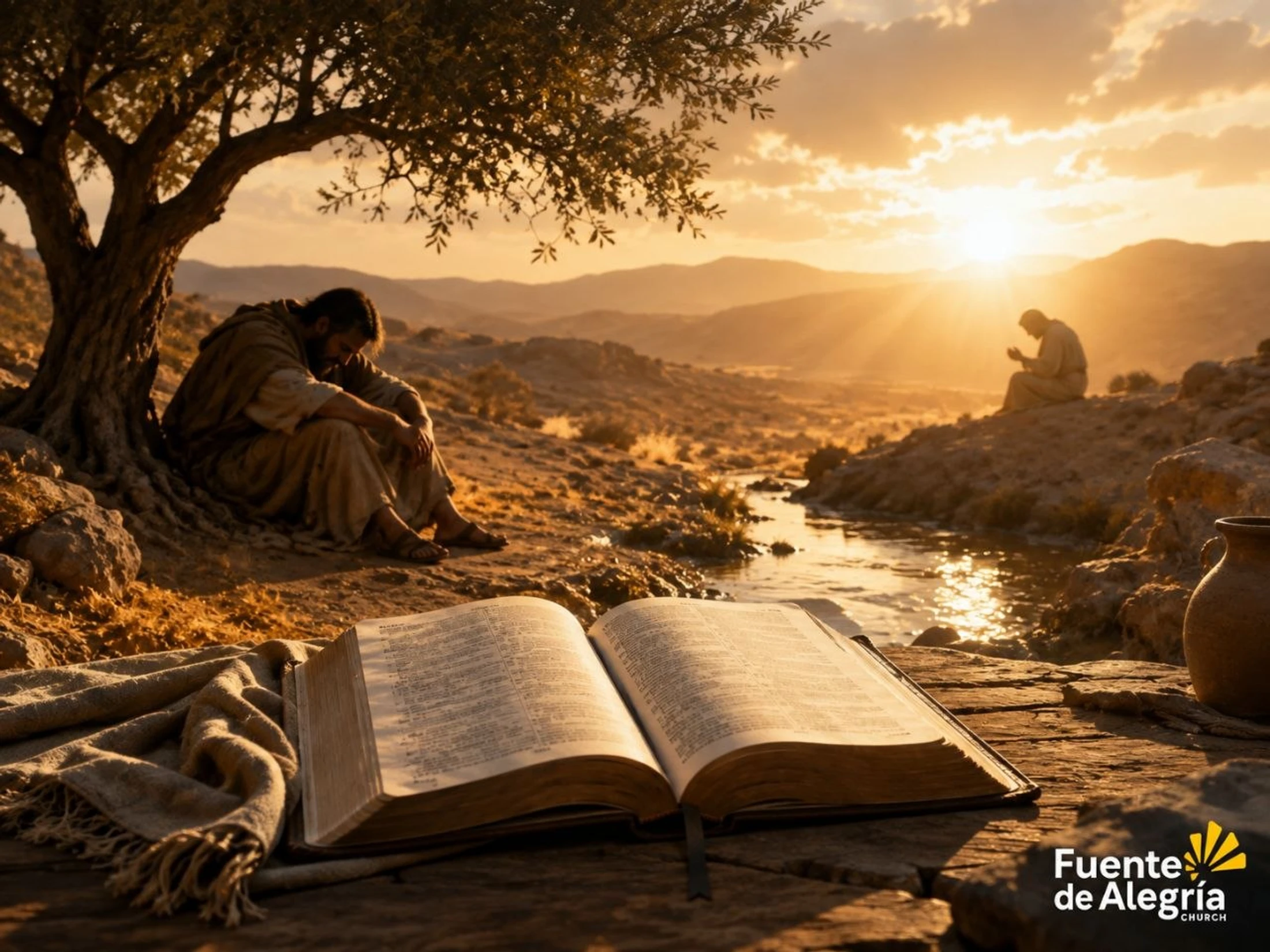 An open Bible rests on a table. In the background, two men in biblical attire pray and reflect by a stream in a desert landscape at sunset.