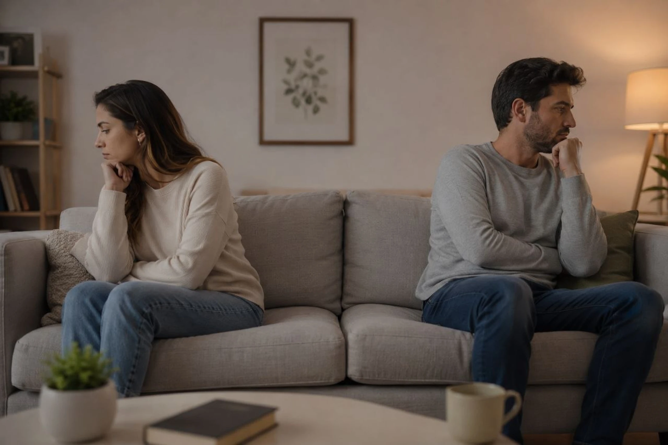 A man and a woman sit on opposite ends of a gray couch, looking away from each other with pensive, upset expressions after an apparent disagreement.