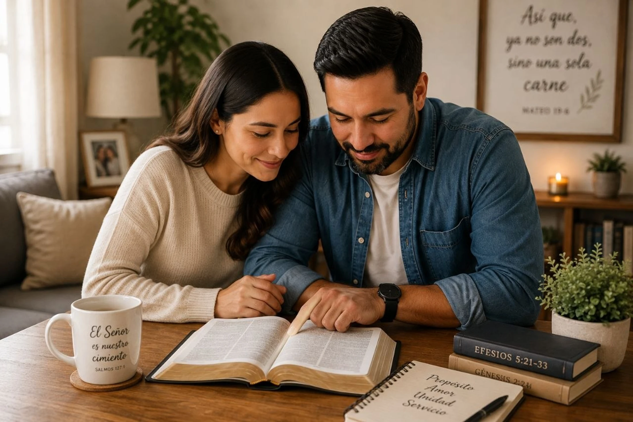 A smiling couple sits at a wooden table in their living room, studying an open Bible together. The man points to a passage as they read.