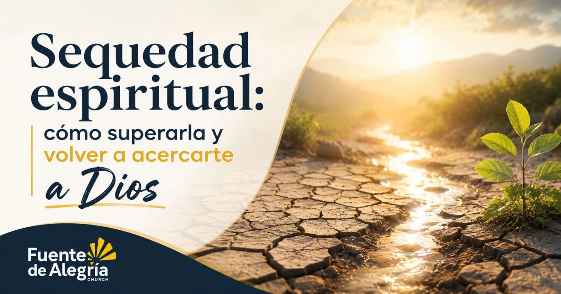An image with Spanish text on spiritual dryness. The background shows a green plant growing out of dry, cracked earth next to a stream of water at sunrise.