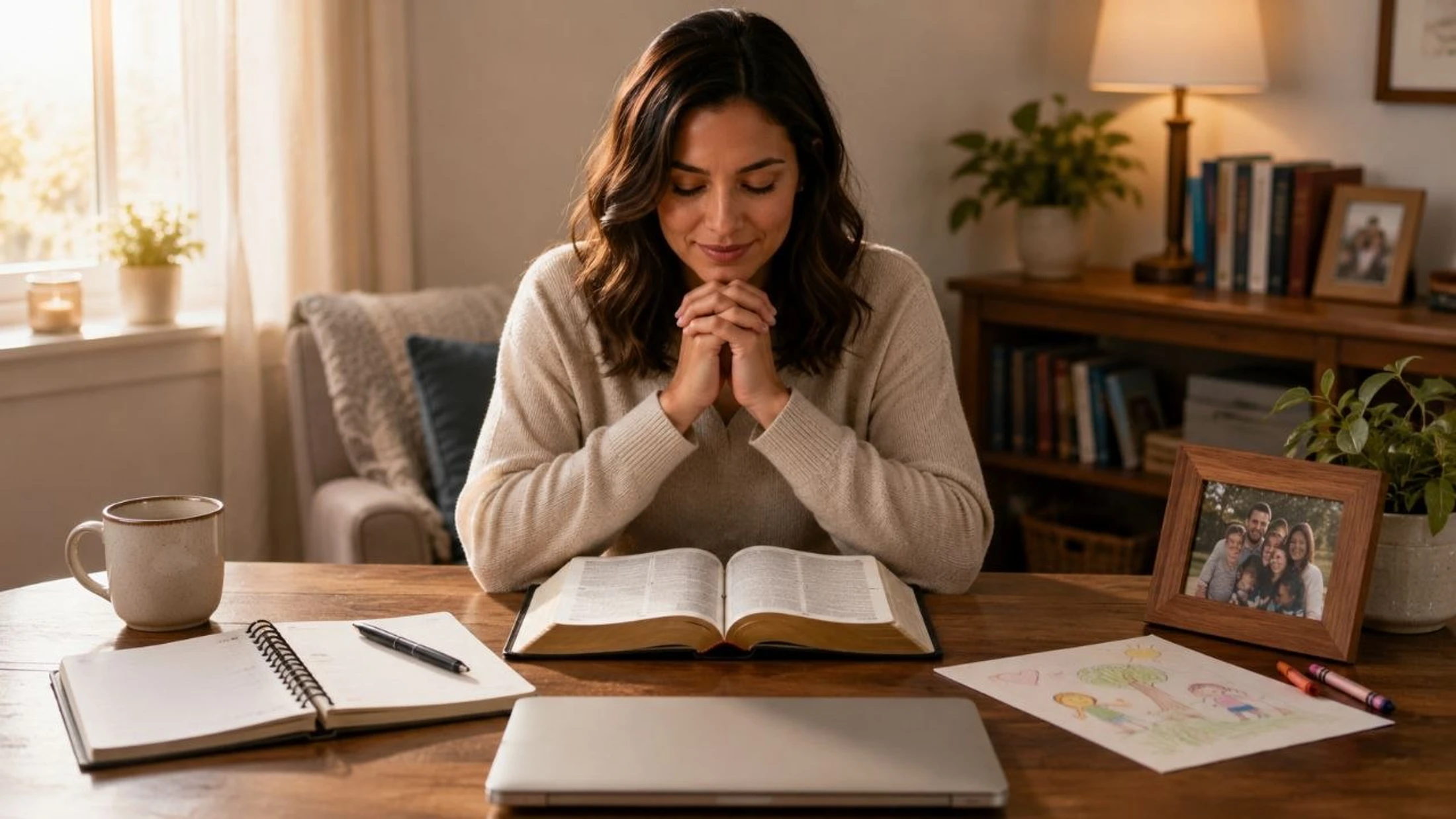 A woman with her eyes closed and hands clasped in prayer sits at a wooden table with an open Bible, a notebook, and a family photo in a cozy room.