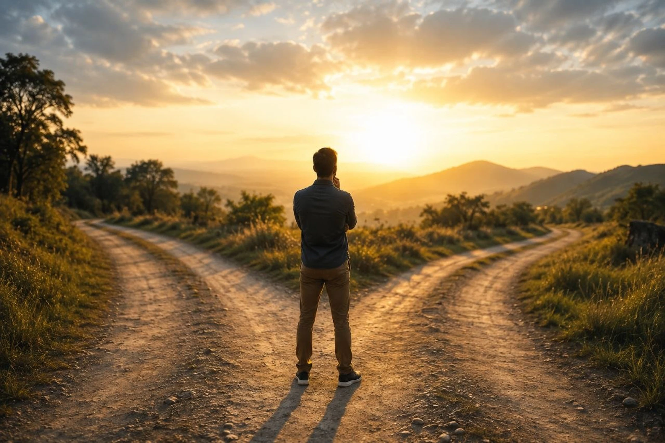 A man stands at a fork in a dirt road, looking towards the sunset over rolling hills, contemplating which path to take.