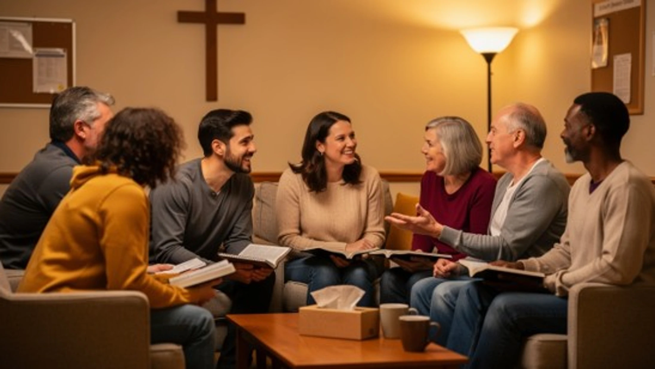 A diverse group of adults sit in a circle in a warmly lit room for a Bible study, holding books and smiling while engaged in conversation.