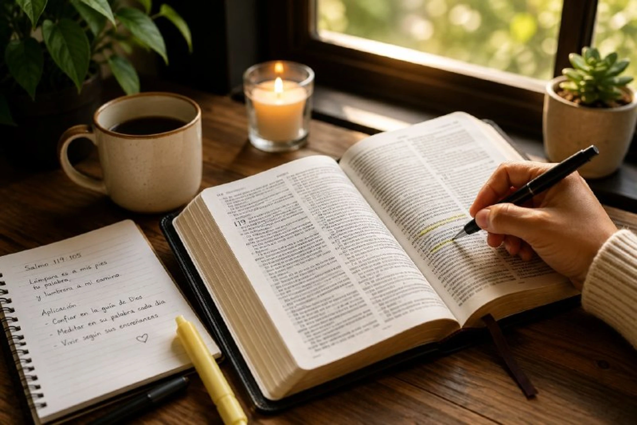 A person studies an open Bible at a wooden desk, holding a pen. A notebook, coffee mug, and lit candle are nearby next to a window with plants.